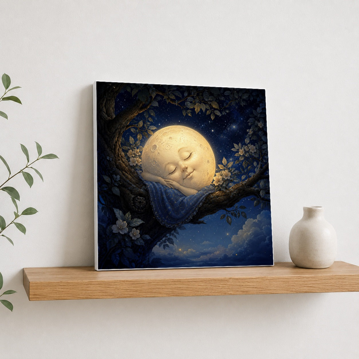 #pl[17x17 Inch|Multicolor] Sleeping Moon Square Canvas Wall Art, Dreamy Celestial Scene
