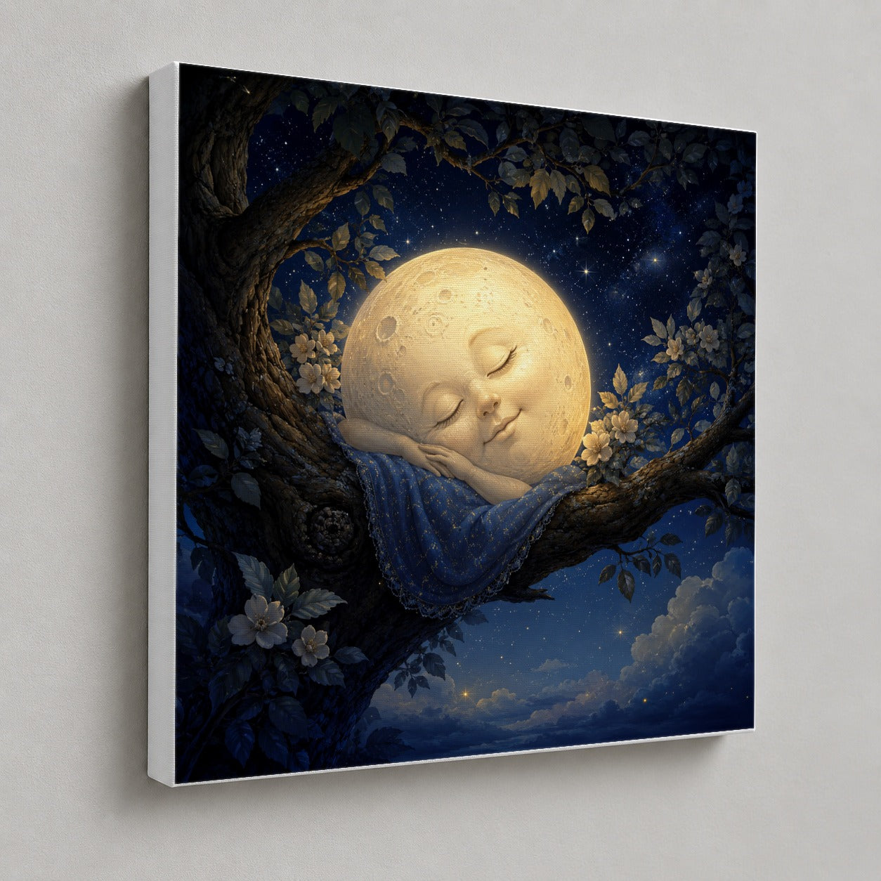#pl[17x17 Inch|Multicolor] Sleeping Moon Square Canvas Wall Art, Dreamy Celestial Scene
