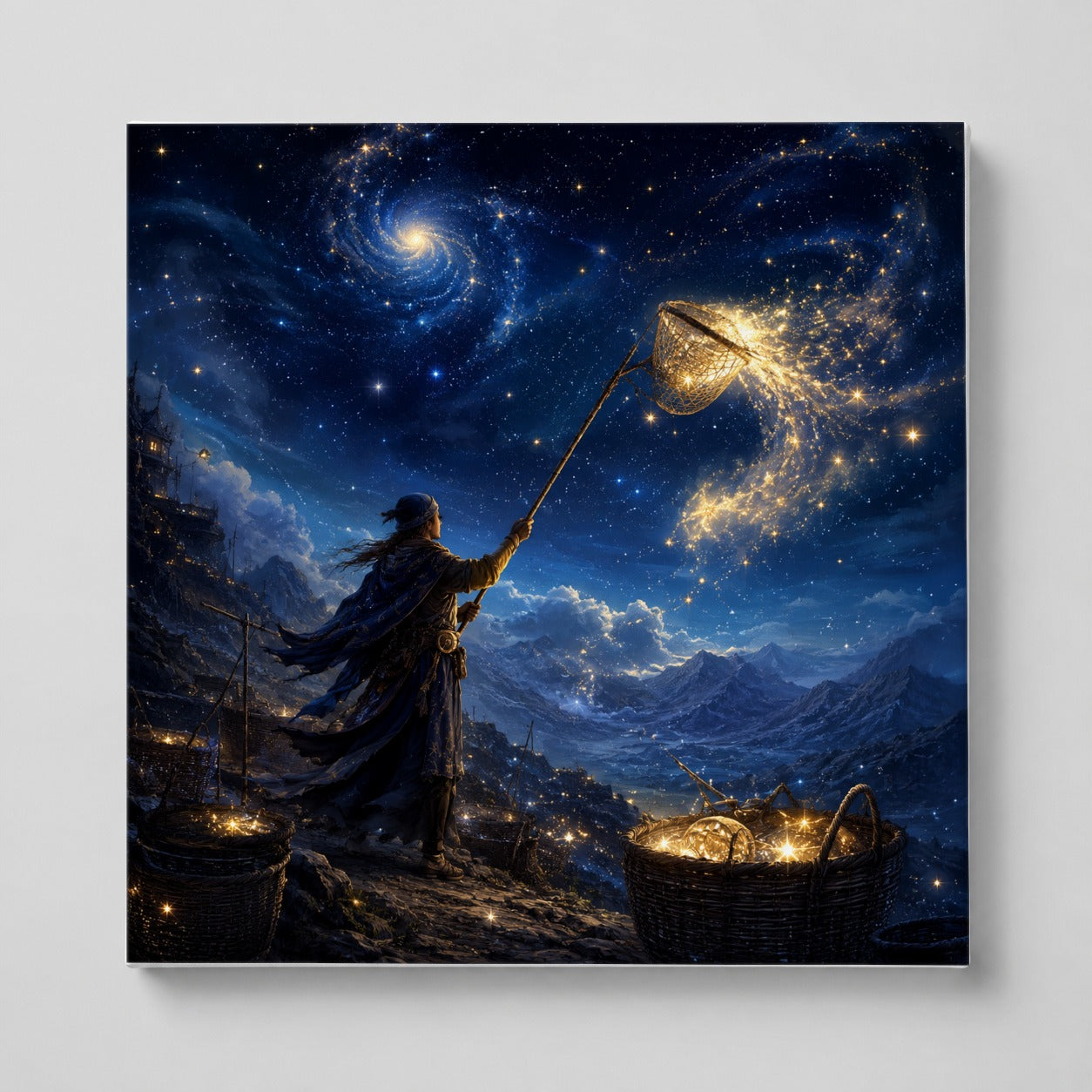 Star Catcher Square Canvas Wall Art, Celestial Fantasy Landscape