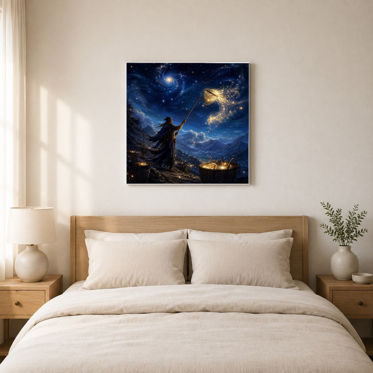 #pl[17x17 Inch|Multicolor] Star Catcher Square Canvas Wall Art, Celestial Fantasy Landscape
