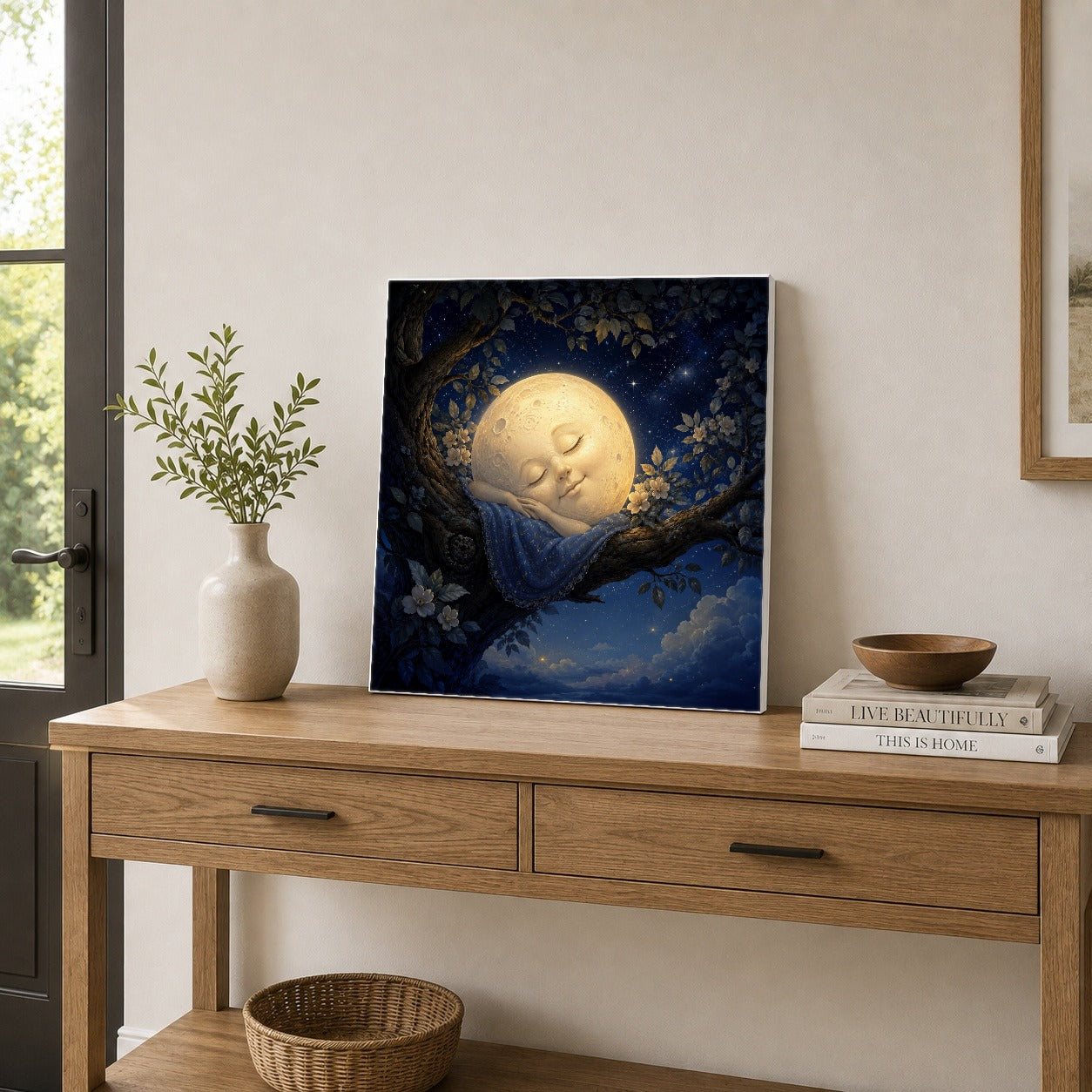 #pl[17x17 Inch|Multicolor] Sleeping Moon Square Canvas Wall Art, Dreamy Celestial Scene