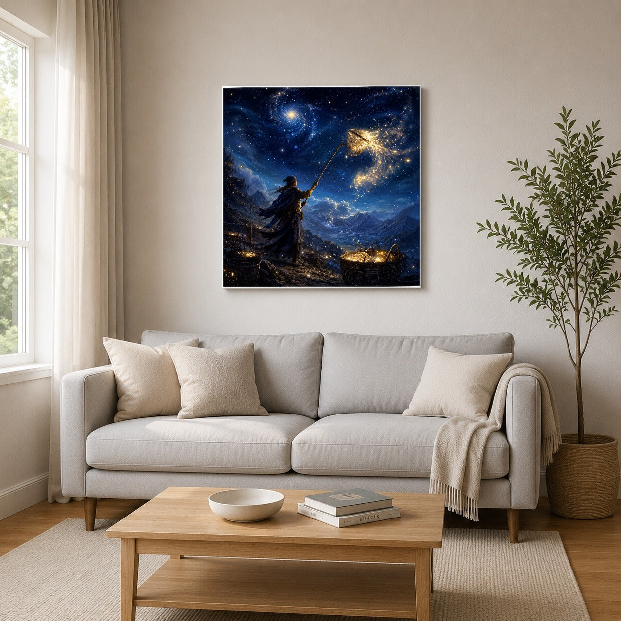 #pl[17x17 Inch|Multicolor] Star Catcher Square Canvas Wall Art, Celestial Fantasy Landscape