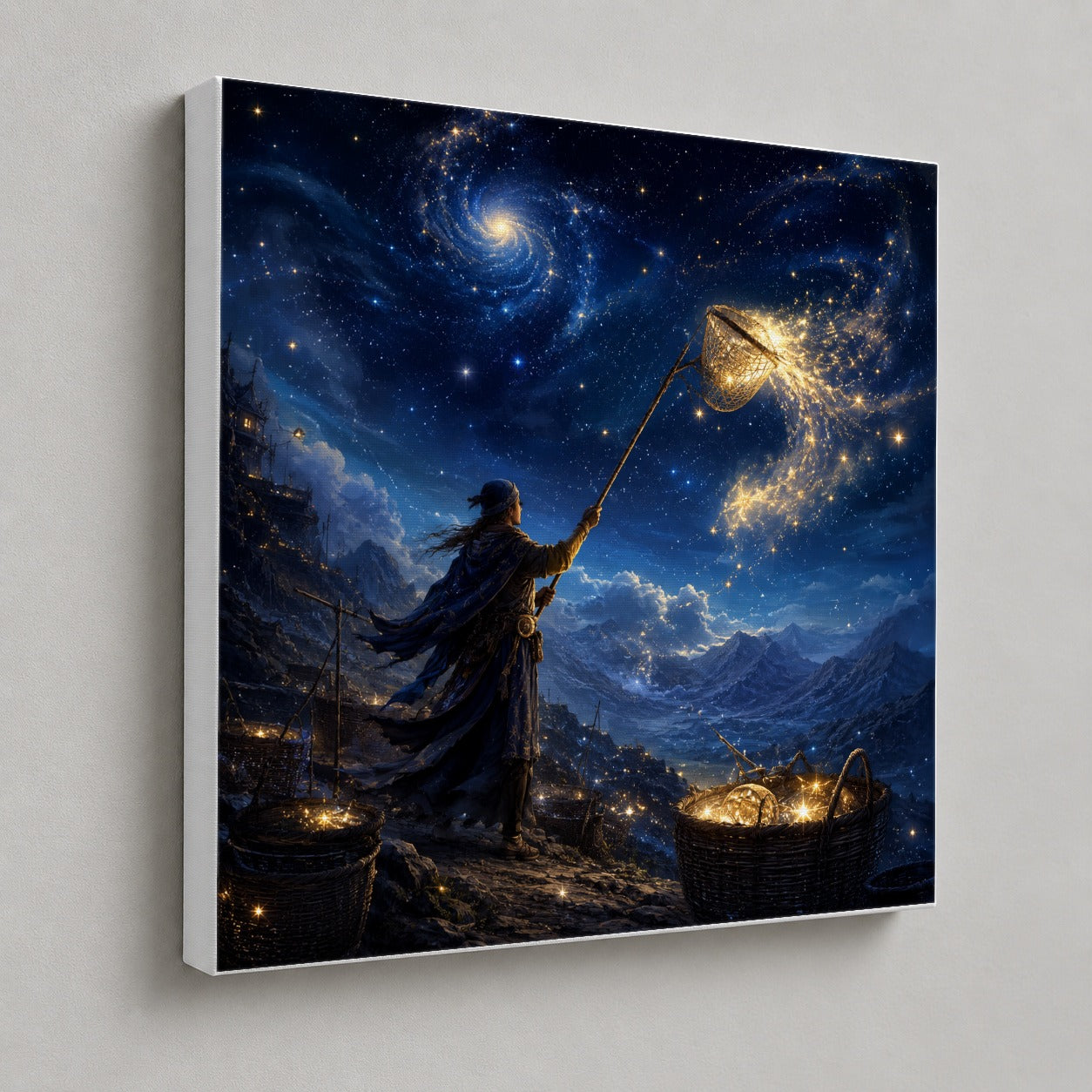 #pl[17x17 Inch|Multicolor] Star Catcher Square Canvas Wall Art, Celestial Fantasy Landscape