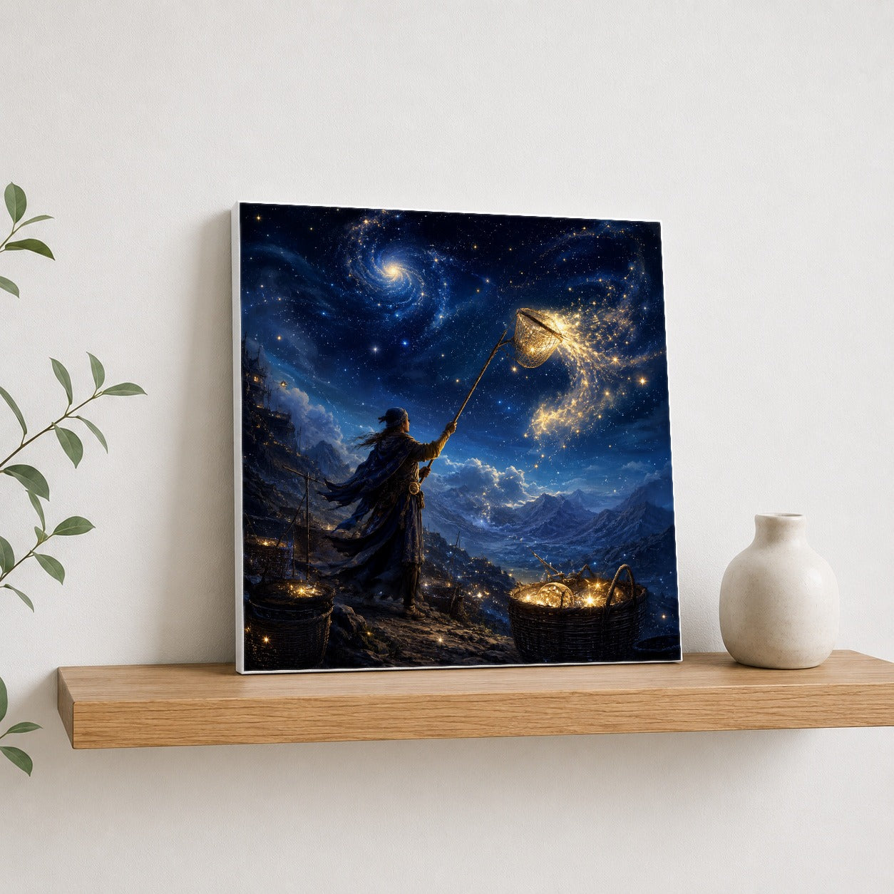#pl[17x17 Inch|Multicolor] Star Catcher Square Canvas Wall Art, Celestial Fantasy Landscape