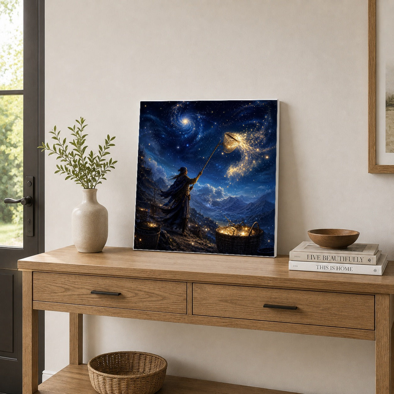 #pl[17x17 Inch|Multicolor] Star Catcher Square Canvas Wall Art, Celestial Fantasy Landscape