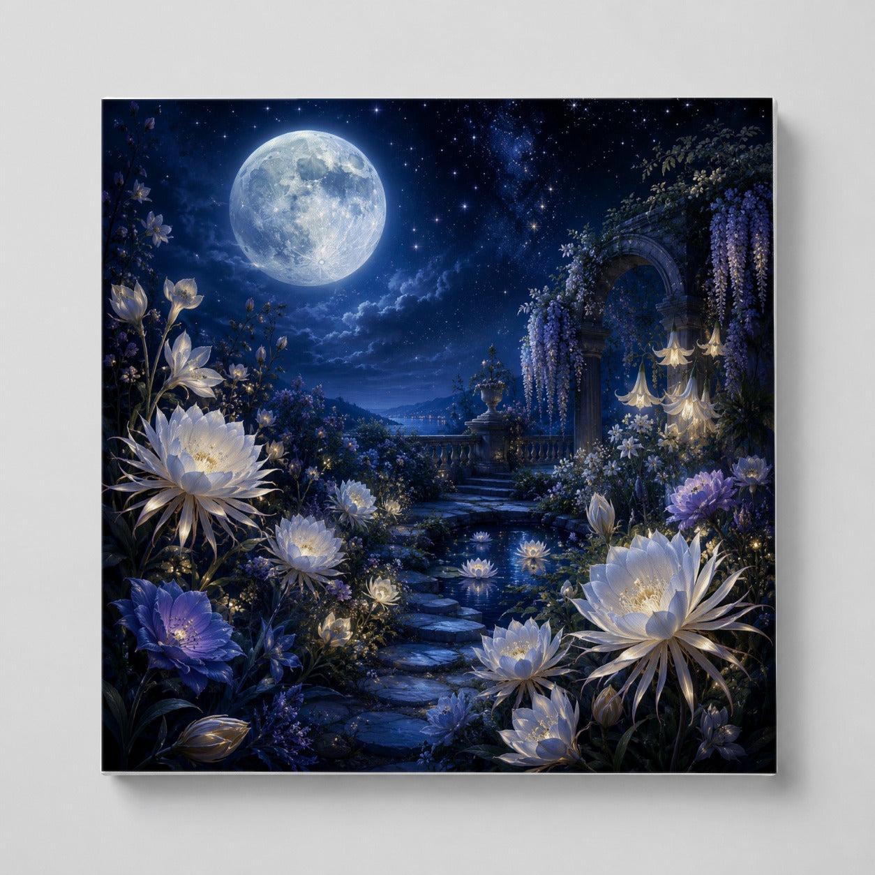 Moonlit Garden Square Canvas Wall Art, Floral Celestial Scene
