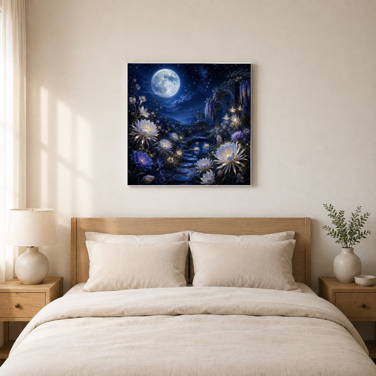 #pl[17x17 Inch|Multicolor] Moonlit Garden Square Canvas Wall Art, Floral Celestial Scene