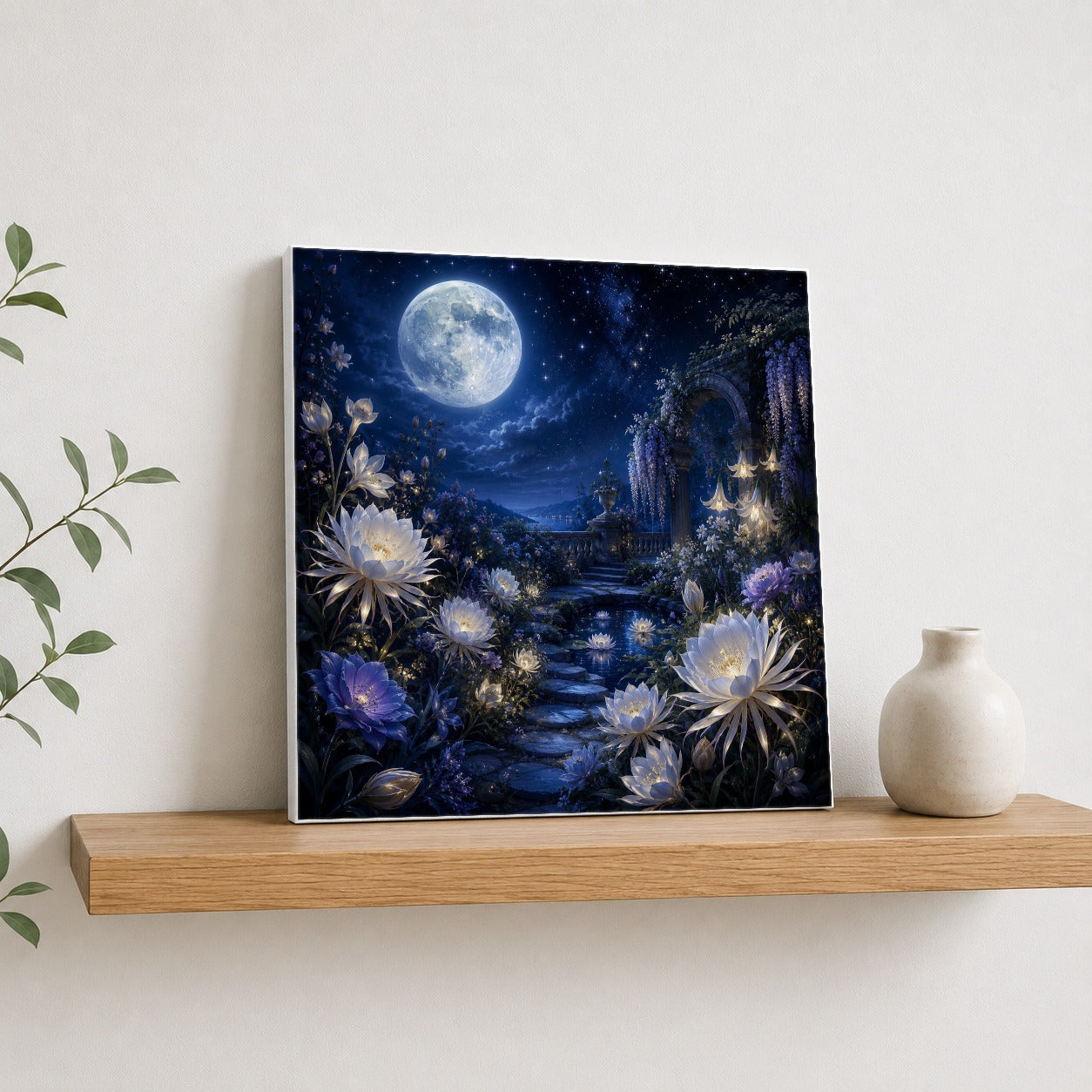 #pl[17x17 Inch|Multicolor] Moonlit Garden Square Canvas Wall Art, Floral Celestial Scene