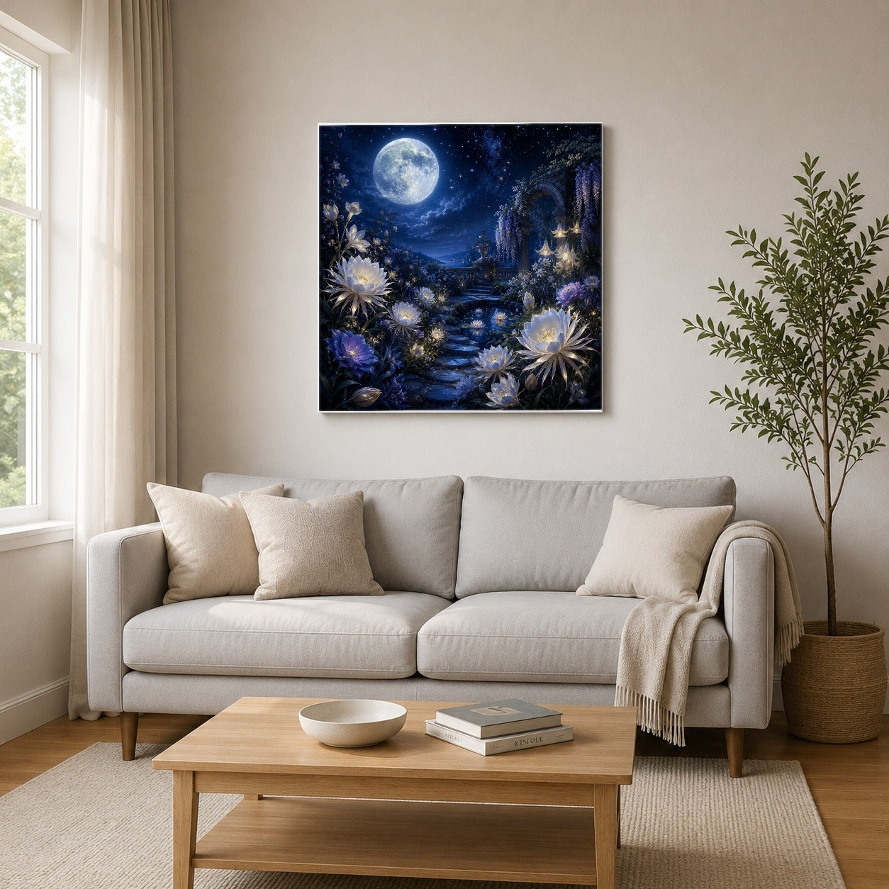 #pl[17x17 Inch|Multicolor] Moonlit Garden Square Canvas Wall Art, Floral Celestial Scene