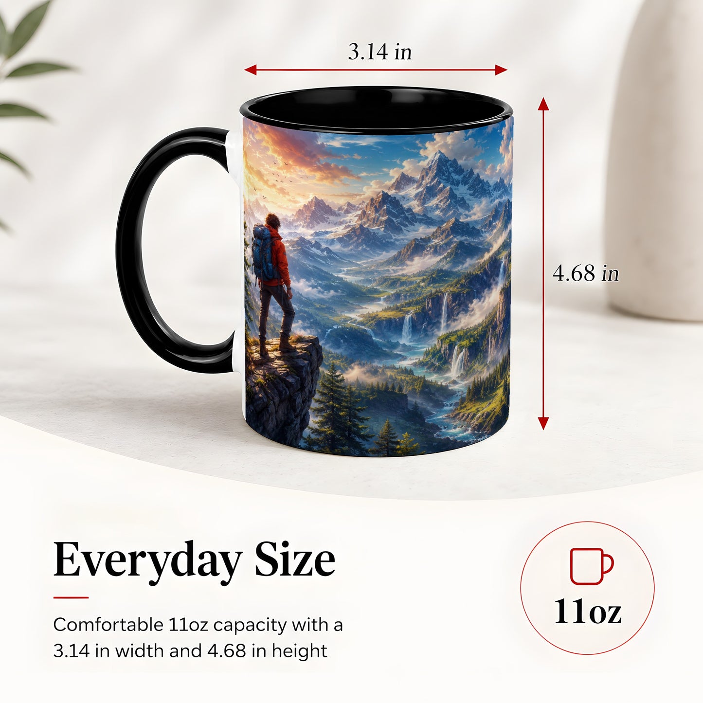 #pl[11oz|Black] Mountain Hiker Ceramic Mug, Alpine Peaks Waterfall Adventure