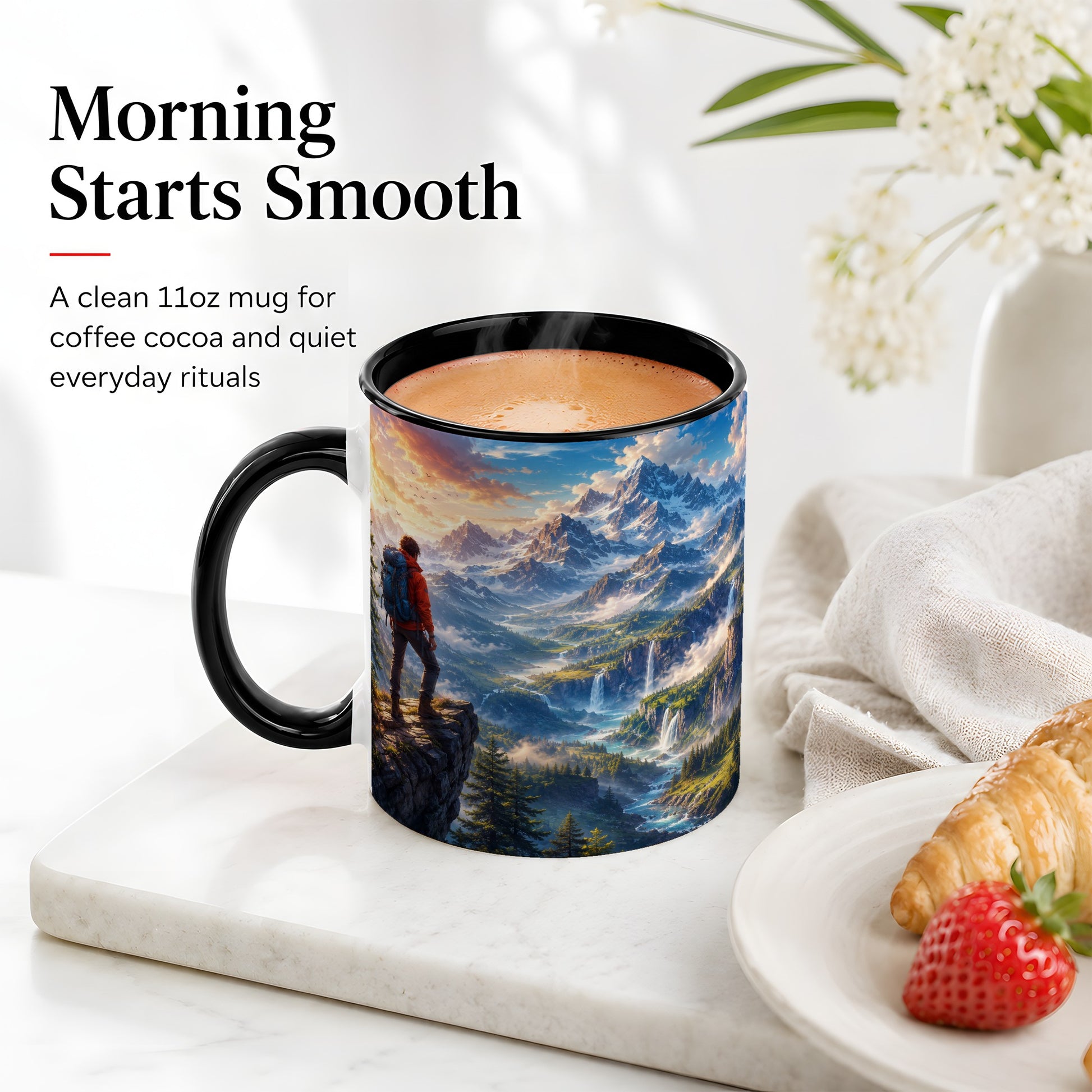 #pl[11oz|Black] Mountain Hiker Ceramic Mug, Alpine Peaks Waterfall Adventure