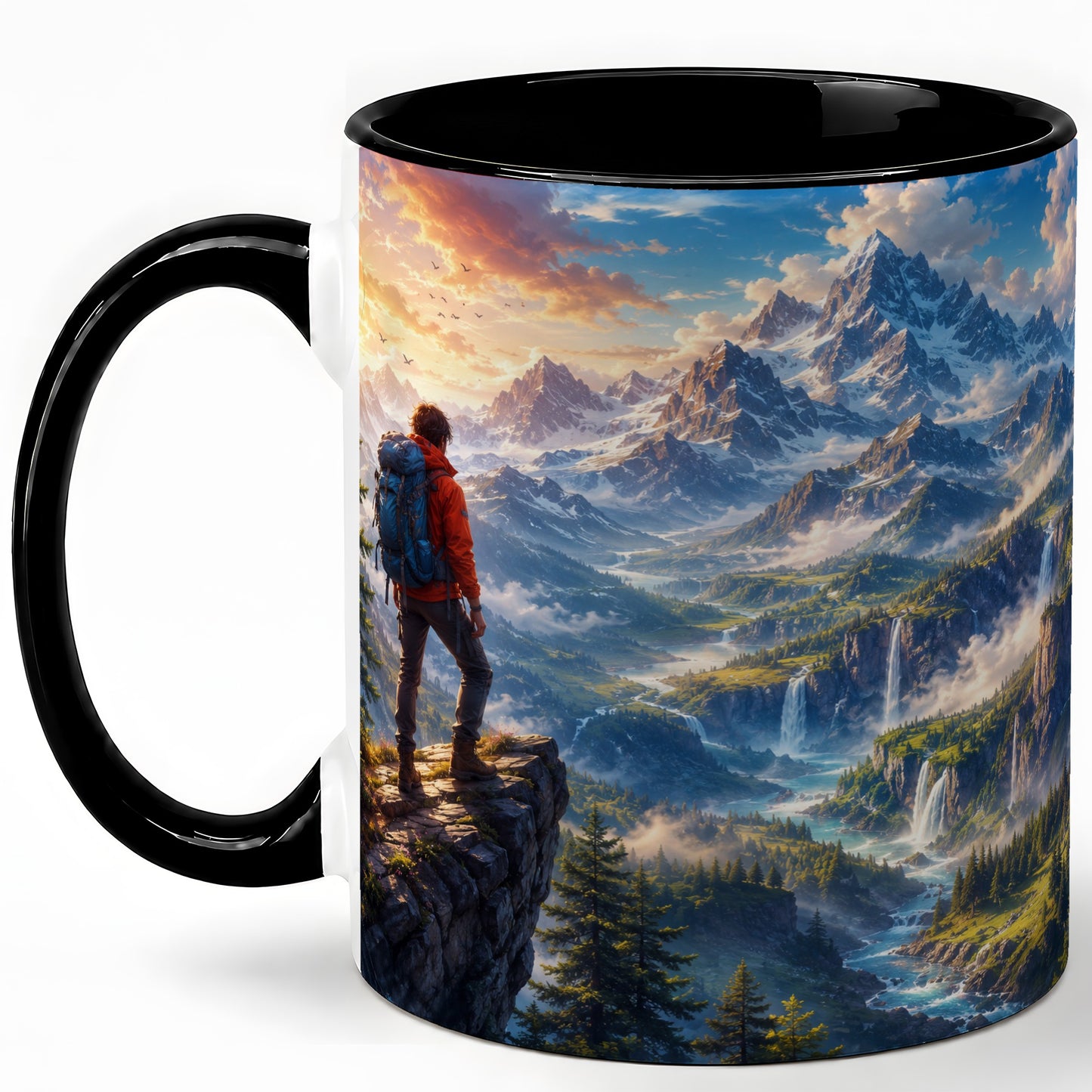 #pl[11oz|Black] Mountain Hiker Ceramic Mug, Alpine Peaks Waterfall Adventure