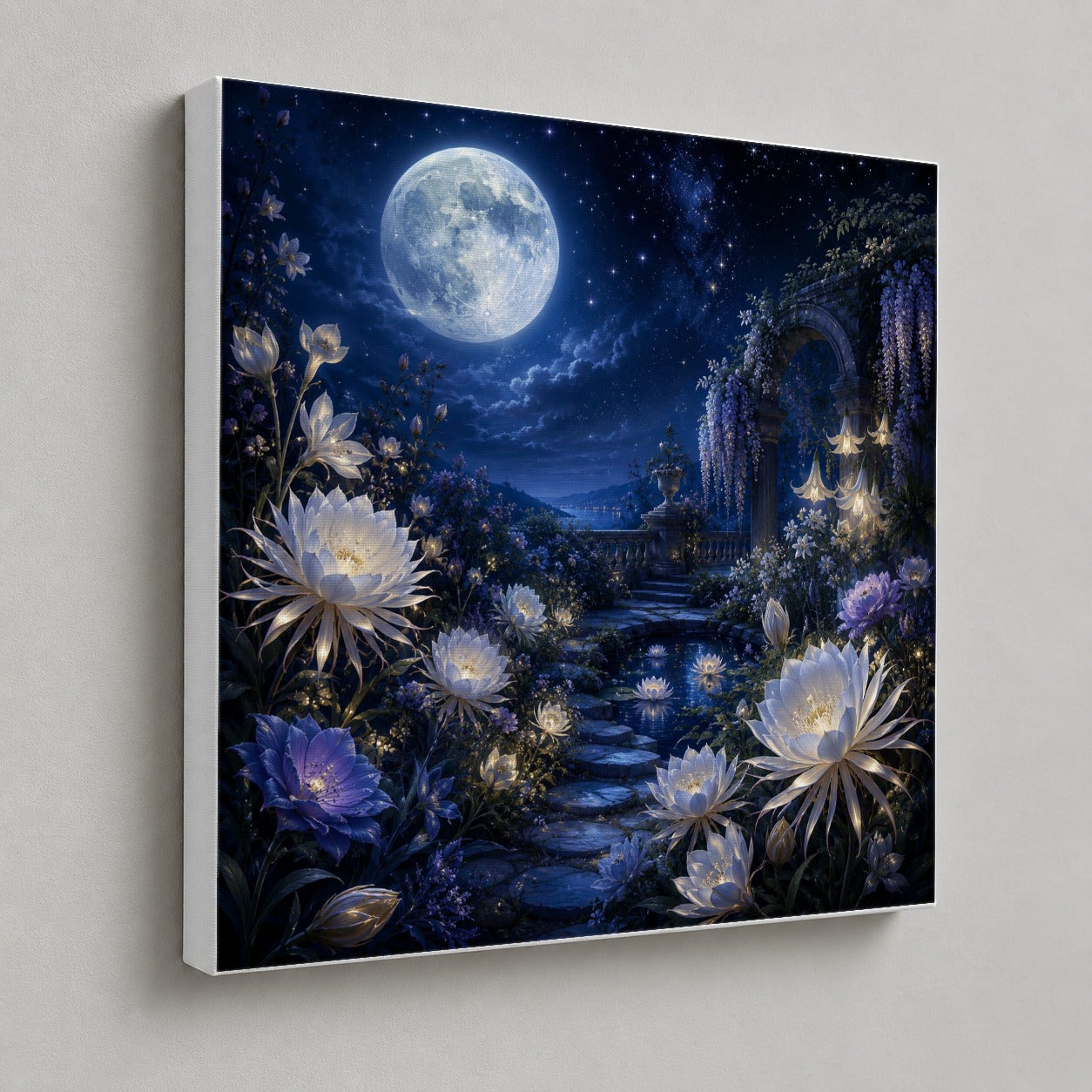 #pl[17x17 Inch|Multicolor] Moonlit Garden Square Canvas Wall Art, Floral Celestial Scene