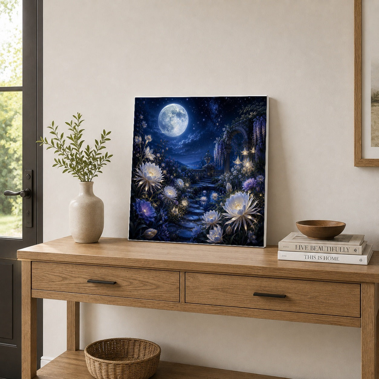 #pl[17x17 Inch|Multicolor] Moonlit Garden Square Canvas Wall Art, Floral Celestial Scene