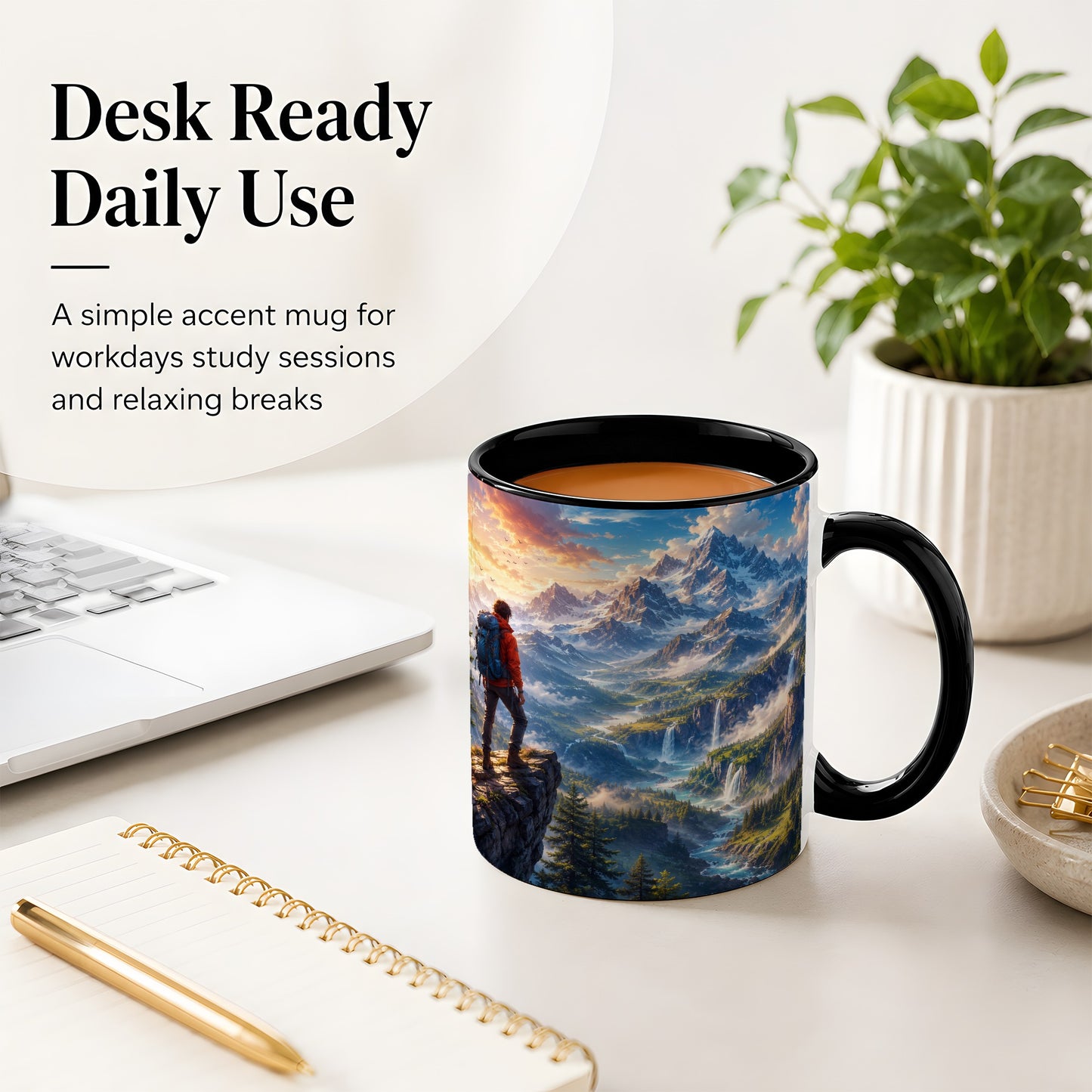 #pl[11oz|Black] Mountain Hiker Ceramic Mug, Alpine Peaks Waterfall Adventure