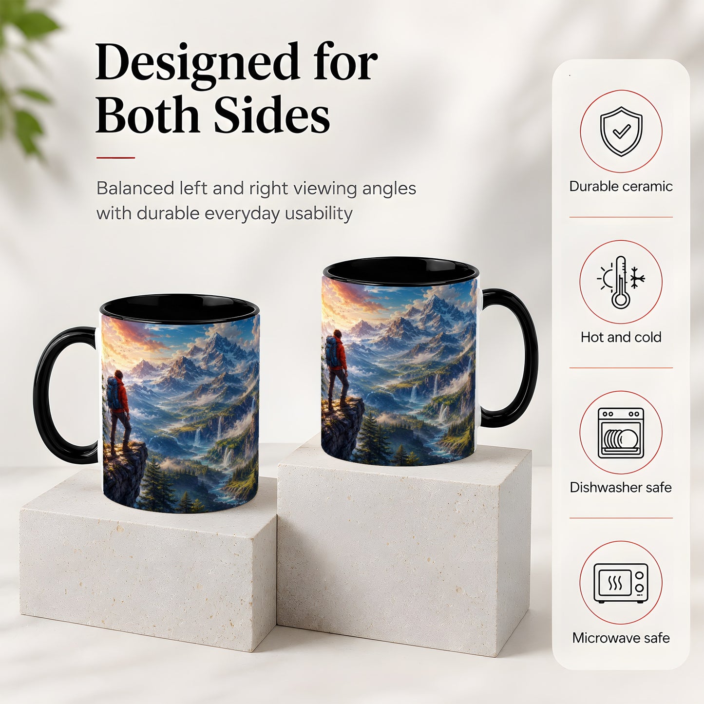 #pl[11oz|Black] Mountain Hiker Ceramic Mug, Alpine Peaks Waterfall Adventure