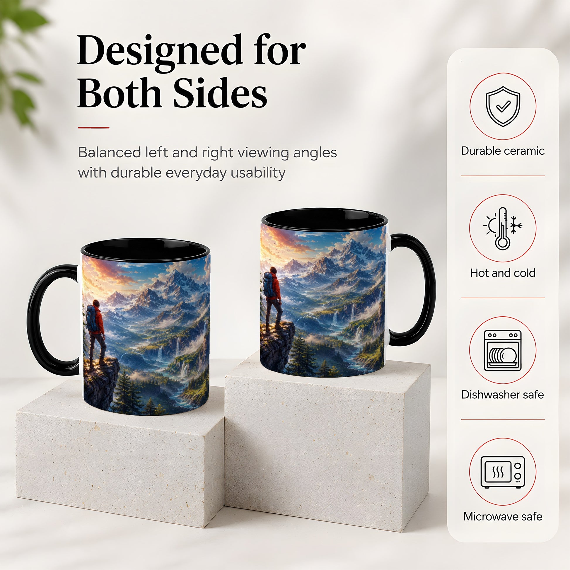 #pl[11oz|Black] Mountain Hiker Ceramic Mug, Alpine Peaks Waterfall Adventure