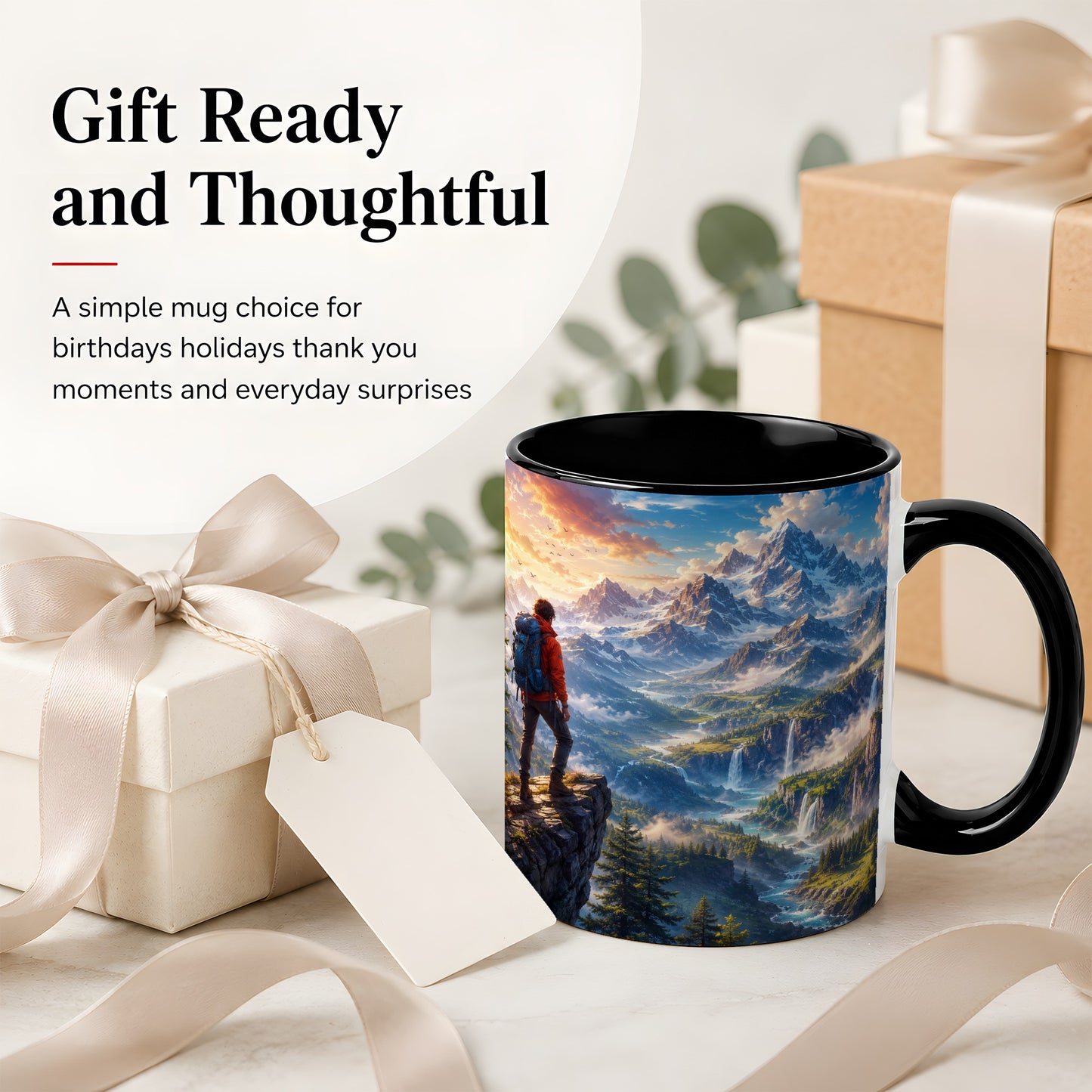 #pl[11oz|Black] Mountain Hiker Ceramic Mug, Alpine Peaks Waterfall Adventure