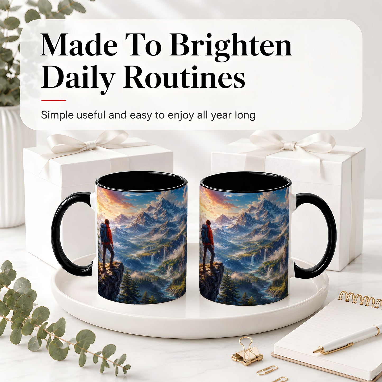 #pl[11oz|Black] Mountain Hiker Ceramic Mug, Alpine Peaks Waterfall Adventure