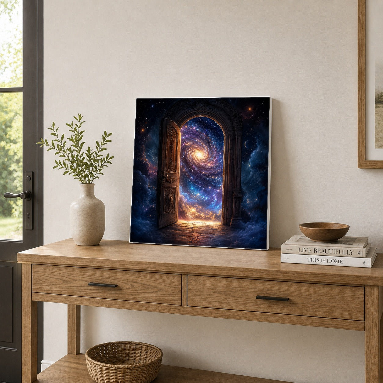 #pl[17x17 Inch|Multicolor] Cosmic Doorway Square Canvas Wall Art, Galaxy Portal Scene