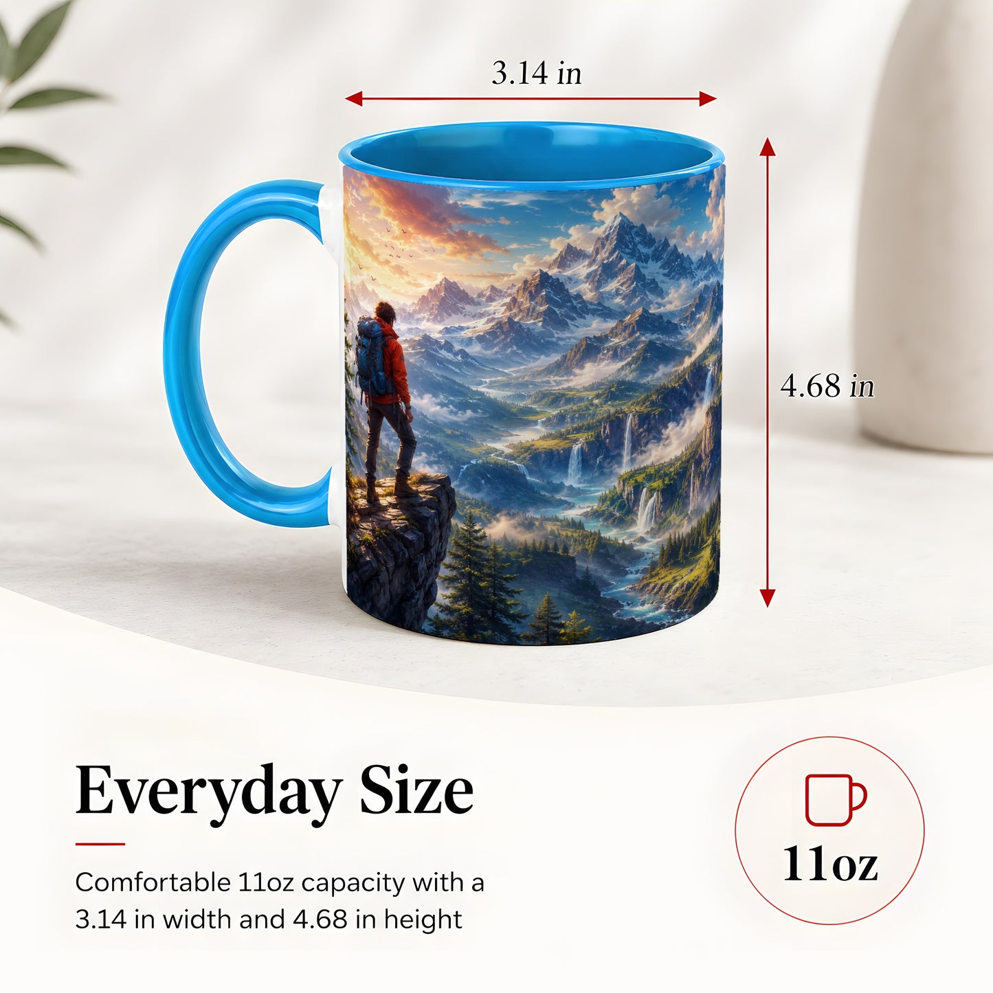#pl[11oz|Blue] Mountain Hiker Ceramic Mug, Alpine Peaks Waterfall Adventure