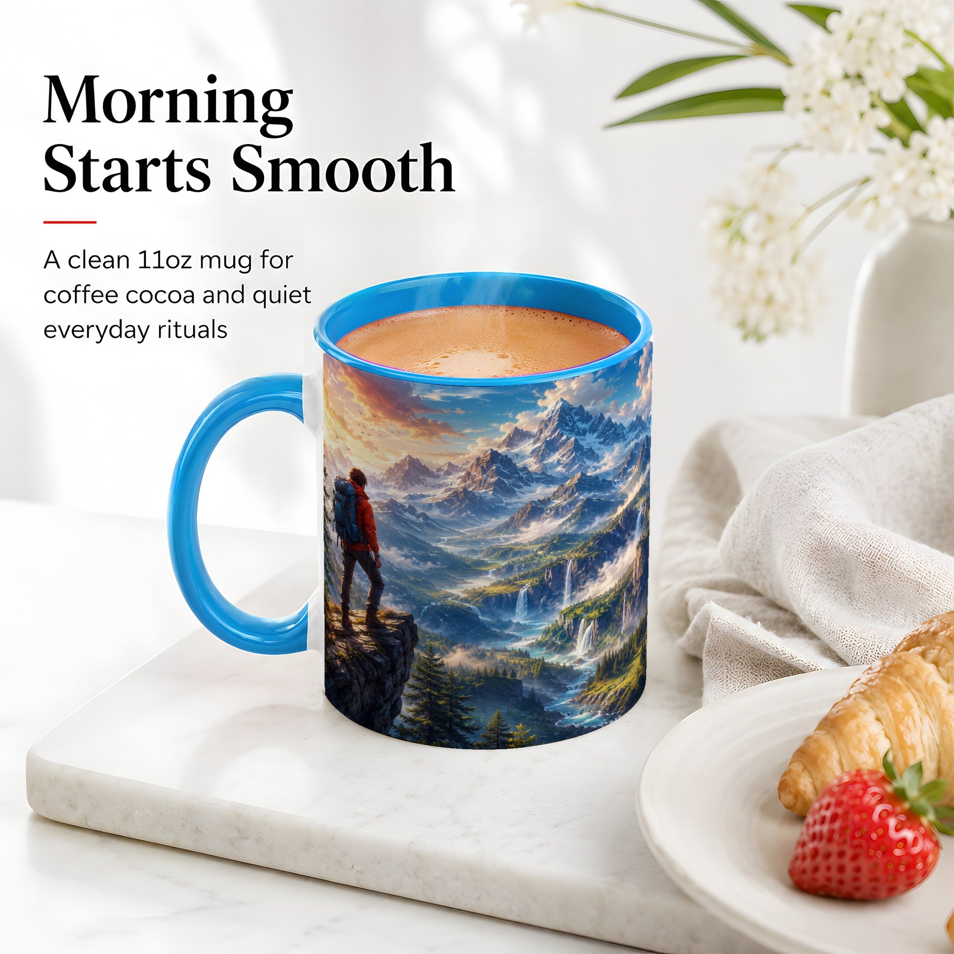 #pl[11oz|Blue] Mountain Hiker Ceramic Mug, Alpine Peaks Waterfall Adventure