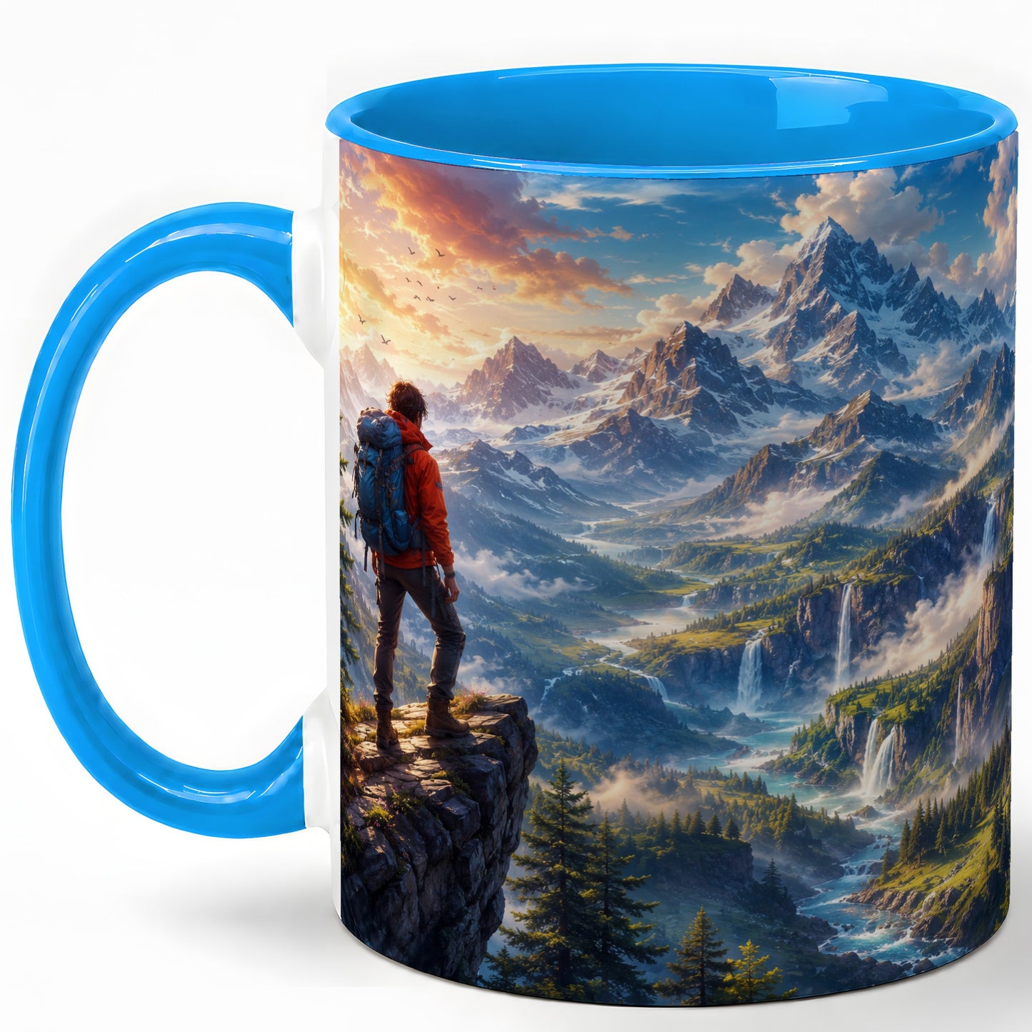#pl[11oz|Blue] Mountain Hiker Ceramic Mug, Alpine Peaks Waterfall Adventure