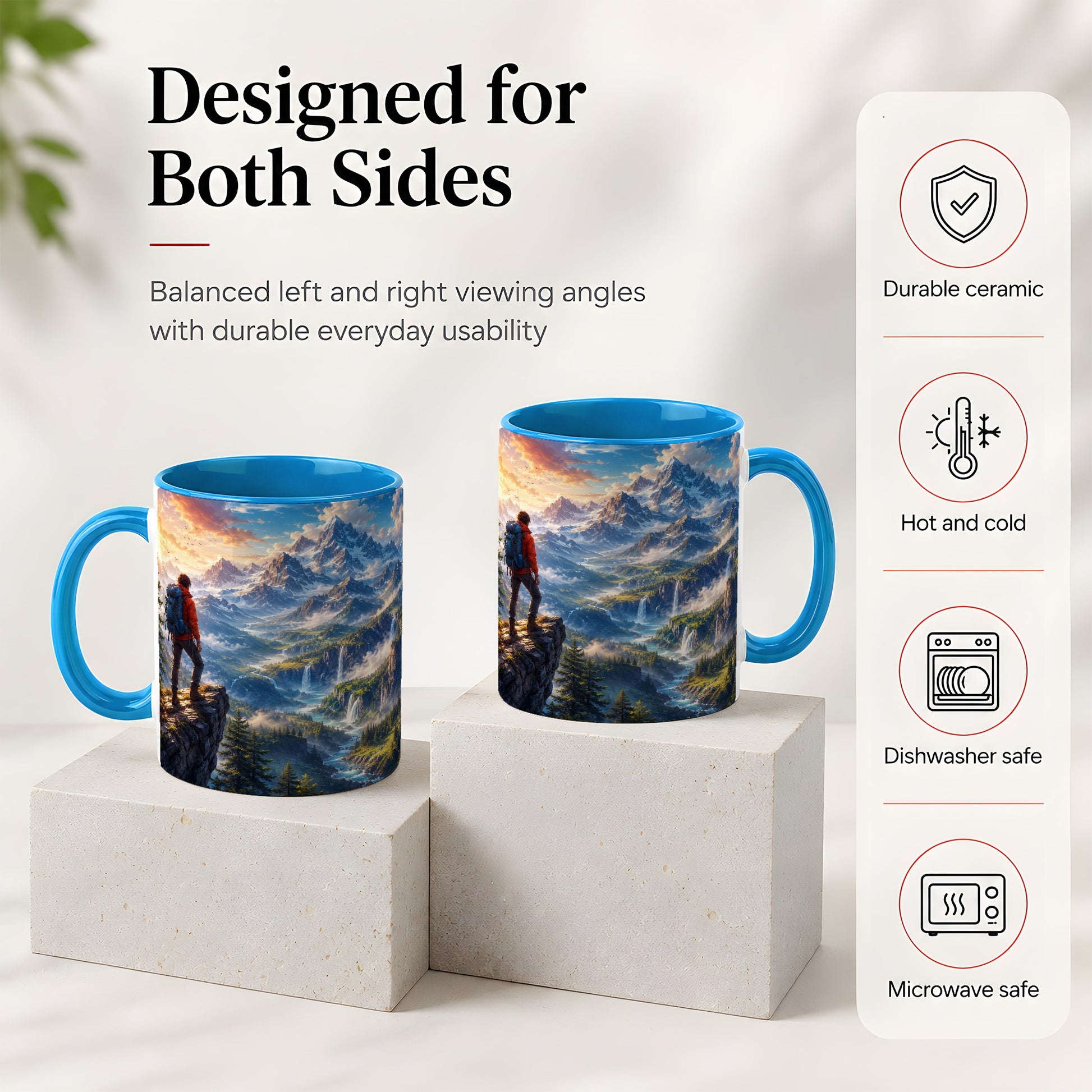 #pl[11oz|Blue] Mountain Hiker Ceramic Mug, Alpine Peaks Waterfall Adventure
