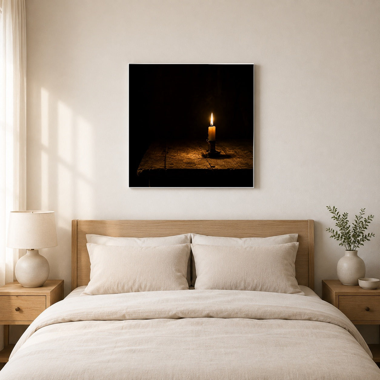 #pl[17x17 Inch|Multicolor] Candlelight Square Canvas Wall Art, Dark Cozy Still Life Scene