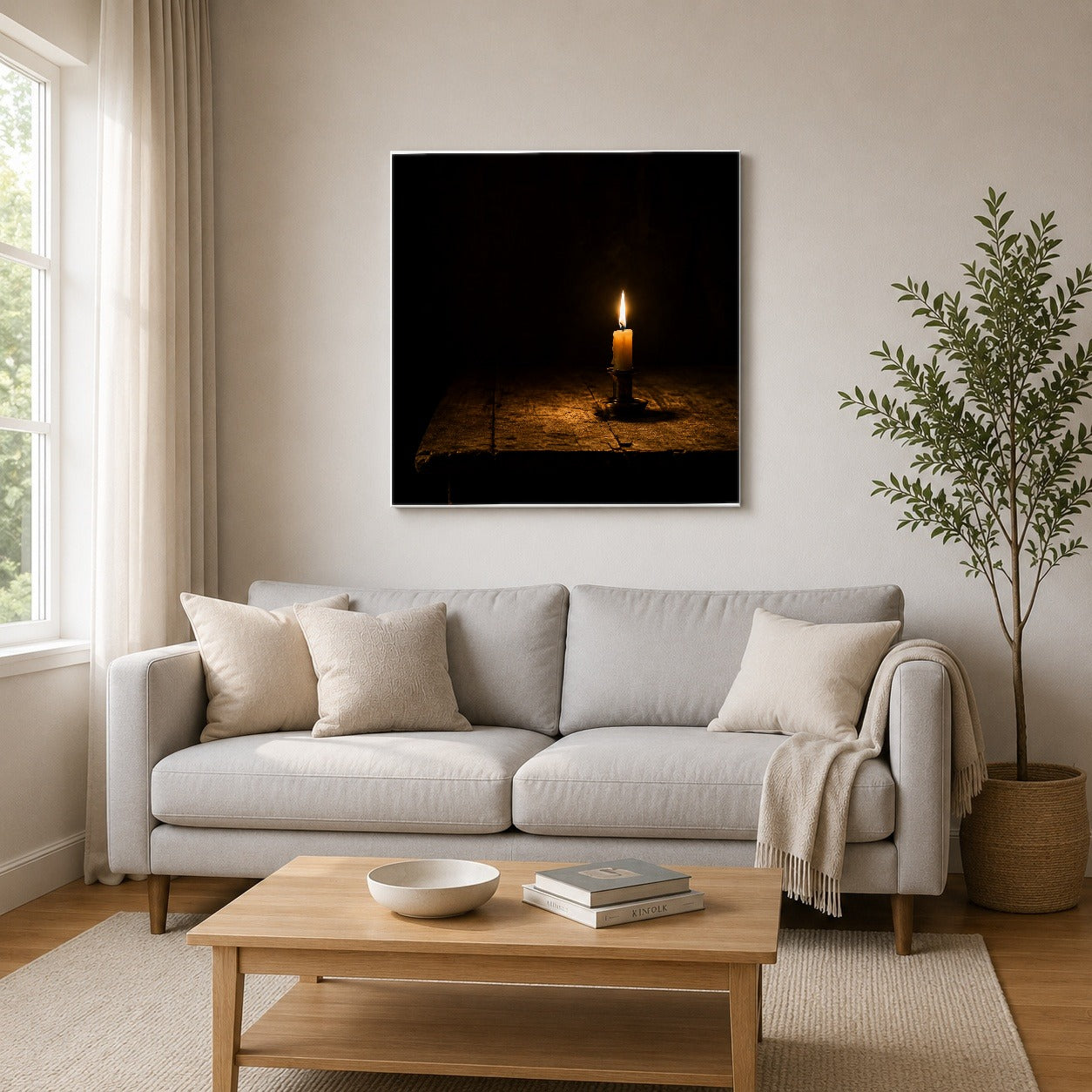 #pl[17x17 Inch|Multicolor] Candlelight Square Canvas Wall Art, Dark Cozy Still Life Scene