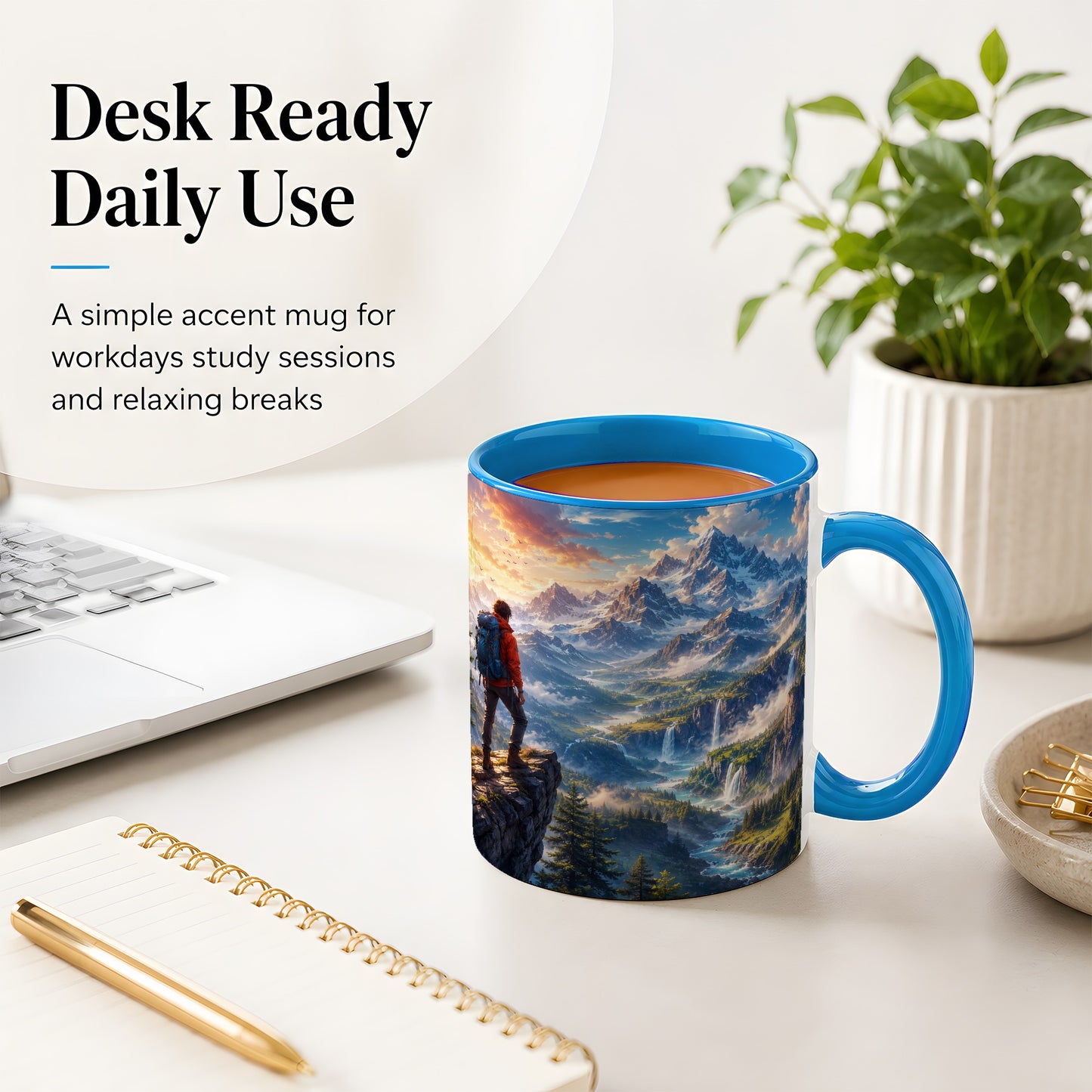 #pl[11oz|Blue] Mountain Hiker Ceramic Mug, Alpine Peaks Waterfall Adventure