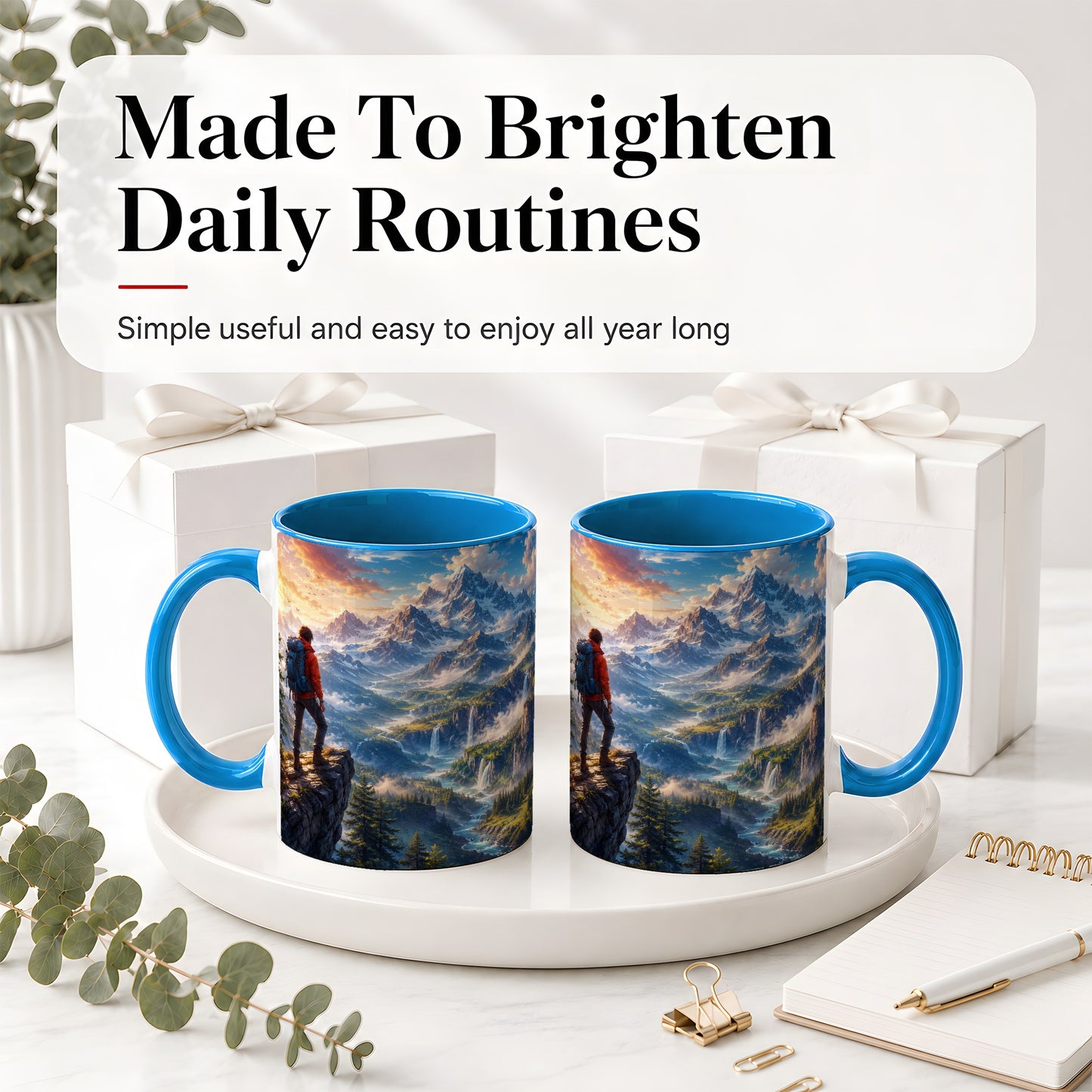 #pl[11oz|Blue] Mountain Hiker Ceramic Mug, Alpine Peaks Waterfall Adventure