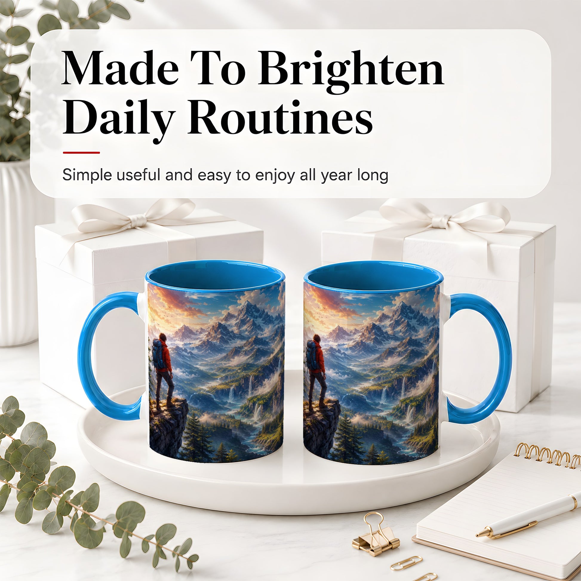 #pl[11oz|Blue] Mountain Hiker Ceramic Mug, Alpine Peaks Waterfall Adventure