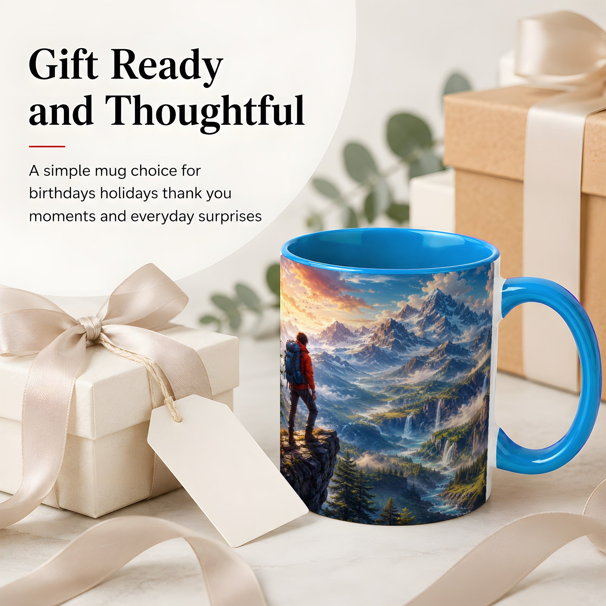 #pl[11oz|Blue] Mountain Hiker Ceramic Mug, Alpine Peaks Waterfall Adventure