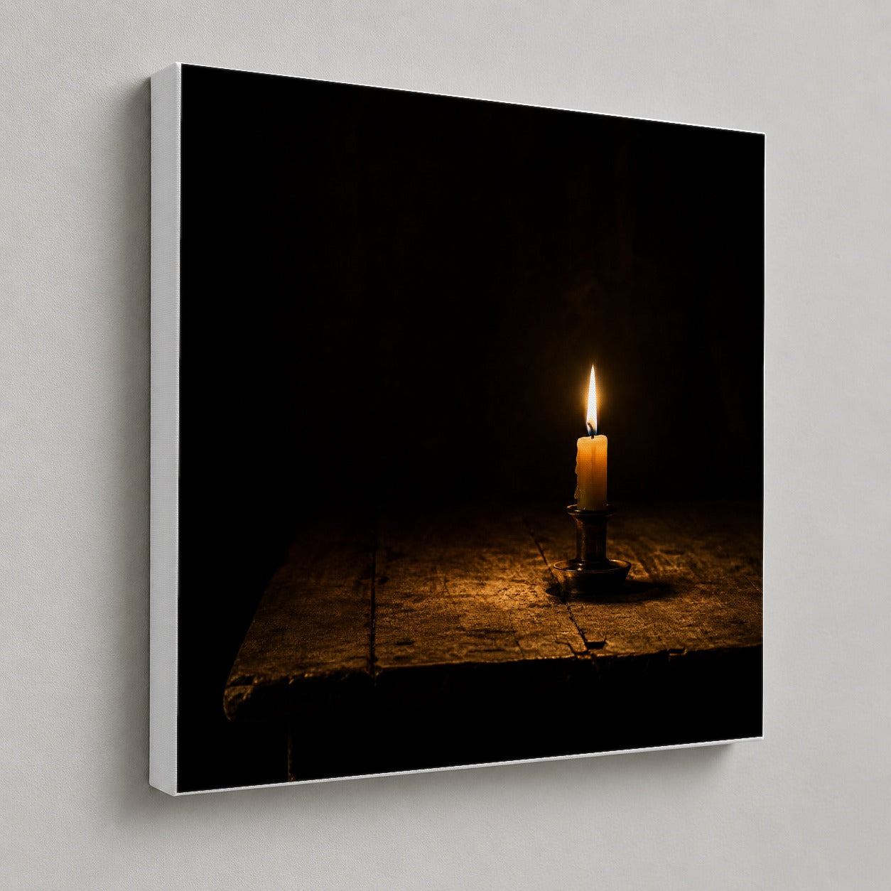#pl[17x17 Inch|Multicolor] Candlelight Square Canvas Wall Art, Dark Cozy Still Life Scene