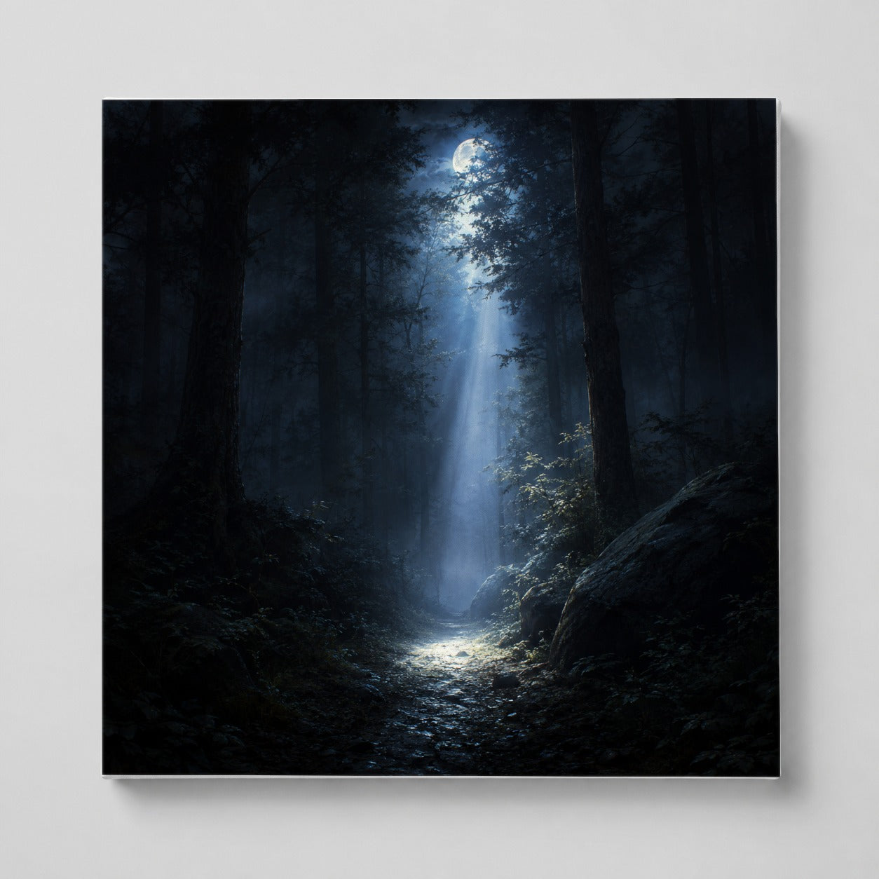 Moonlit Forest Square Canvas Wall Art, Woodland Night Path