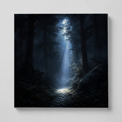 Moonlit Forest Square Canvas Wall Art, Woodland Night Path