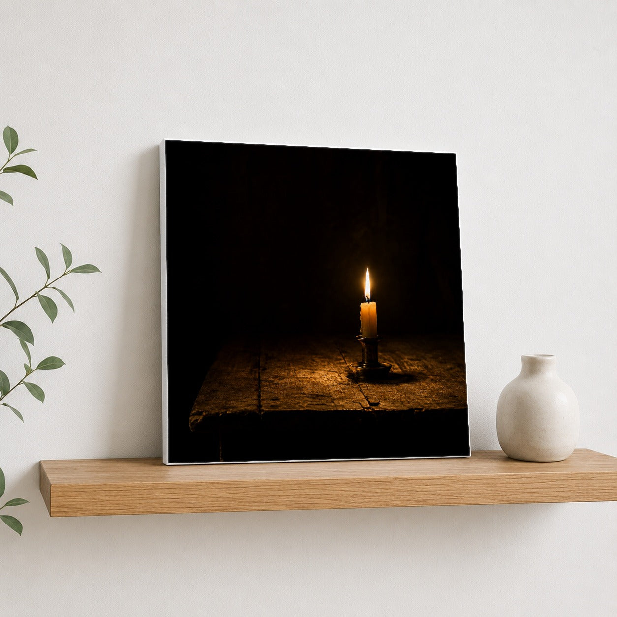 #pl[17x17 Inch|Multicolor] Candlelight Square Canvas Wall Art, Dark Cozy Still Life Scene