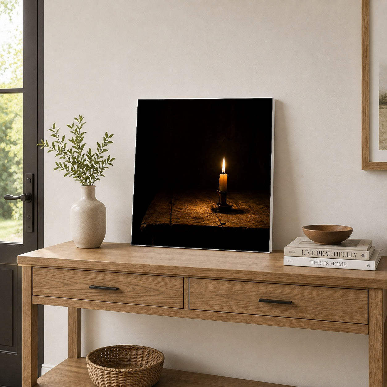 #pl[17x17 Inch|Multicolor] Candlelight Square Canvas Wall Art, Dark Cozy Still Life Scene