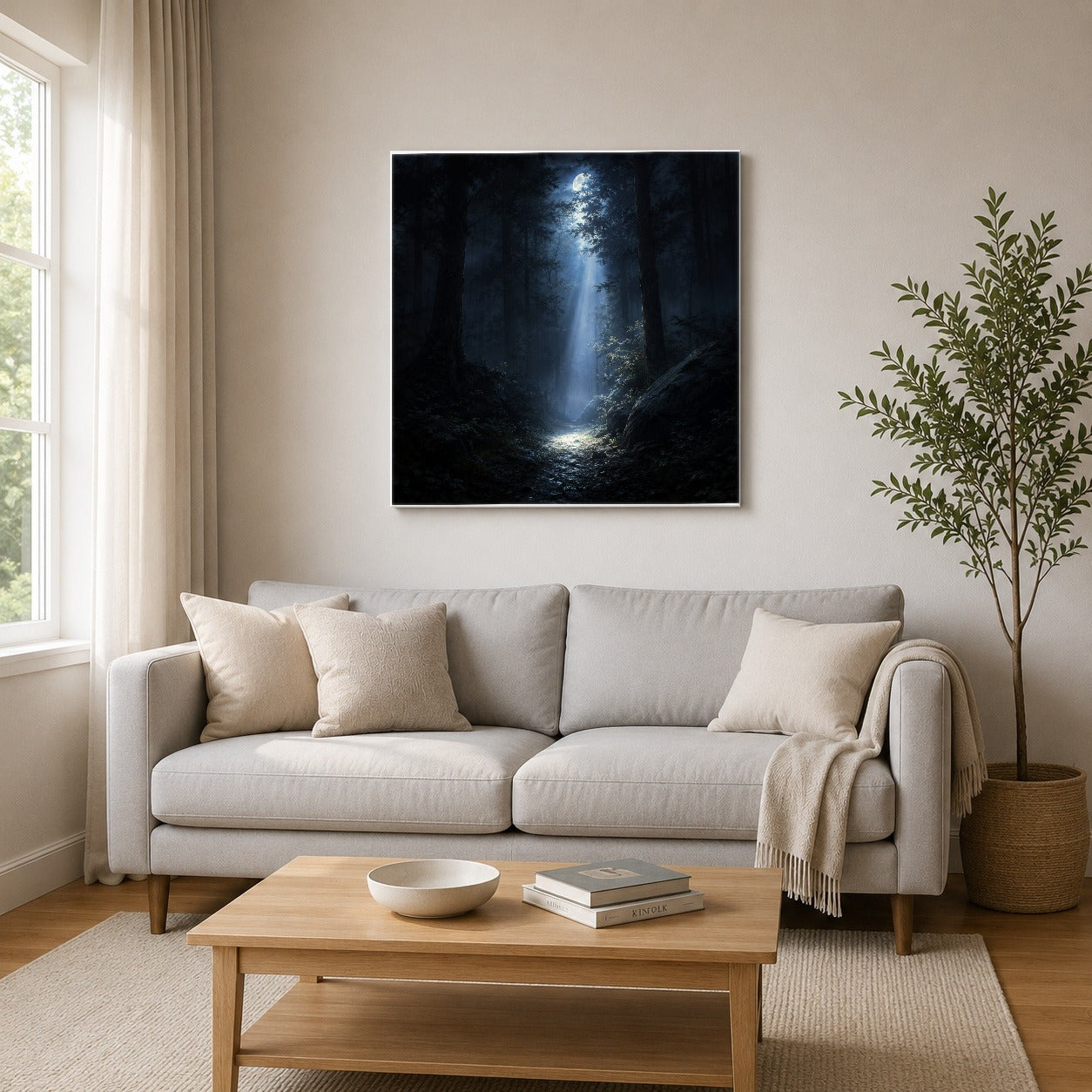 #pl[17x17 Inch|Multicolor] Moonlit Forest Square Canvas Wall Art, Woodland Night Path
