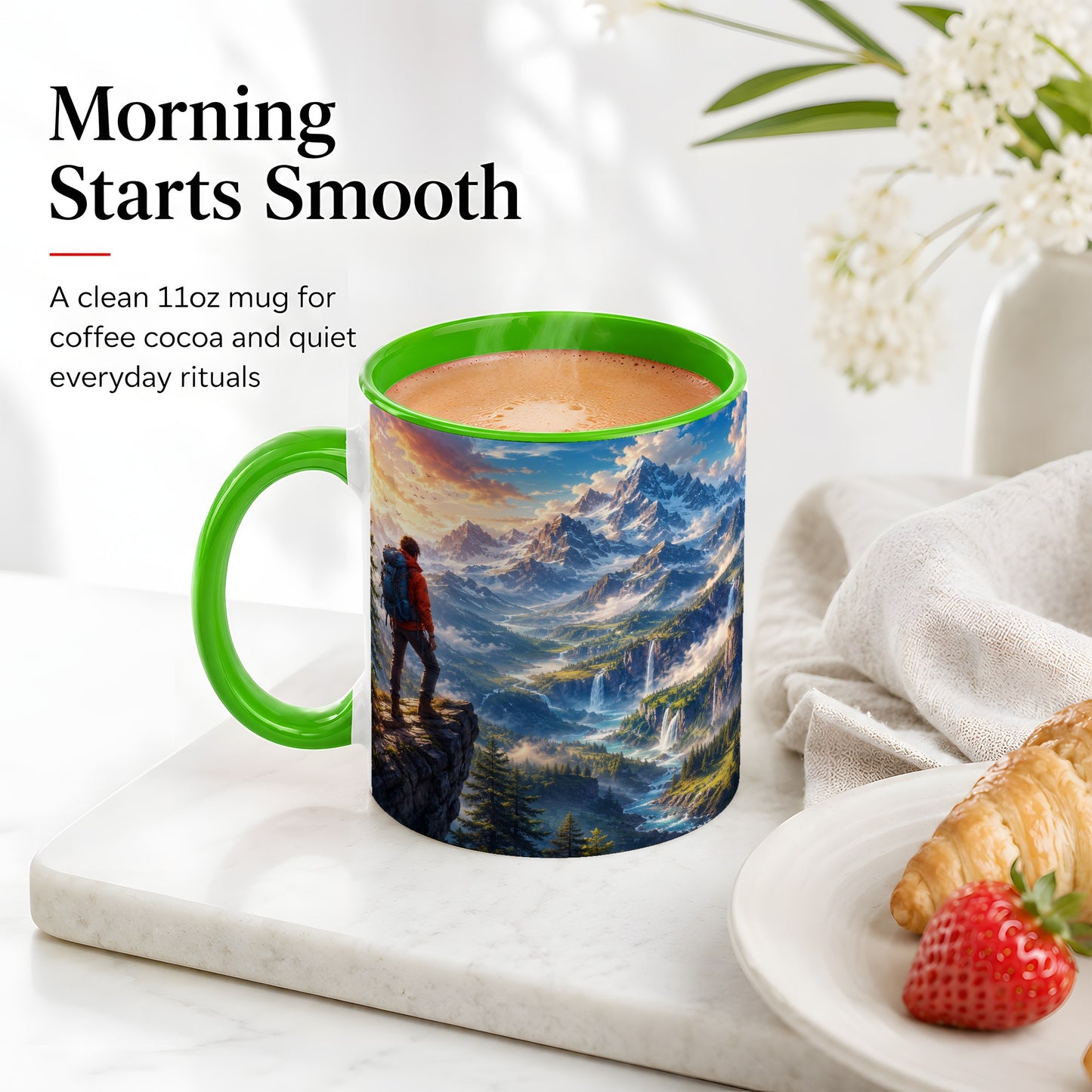 #pl[11oz|Green] Mountain Hiker Ceramic Mug, Alpine Peaks Waterfall Adventure