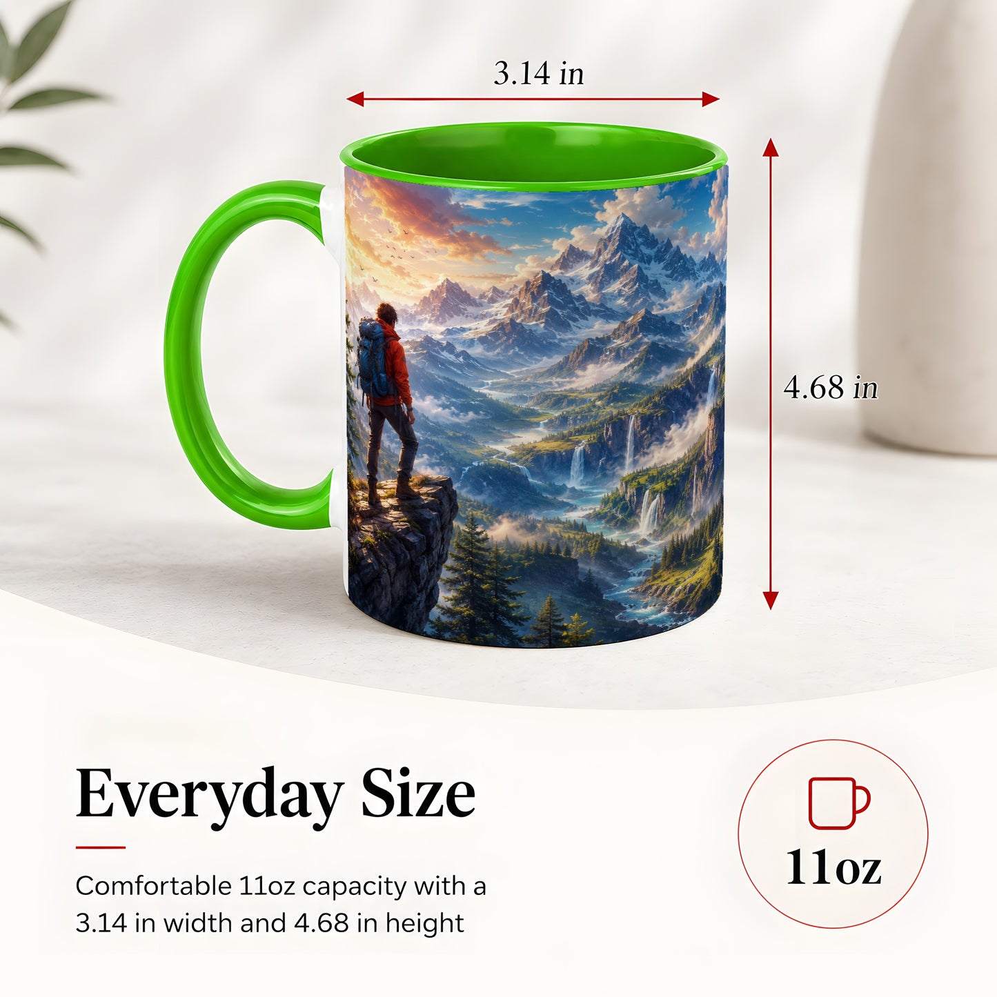 #pl[11oz|Green] Mountain Hiker Ceramic Mug, Alpine Peaks Waterfall Adventure