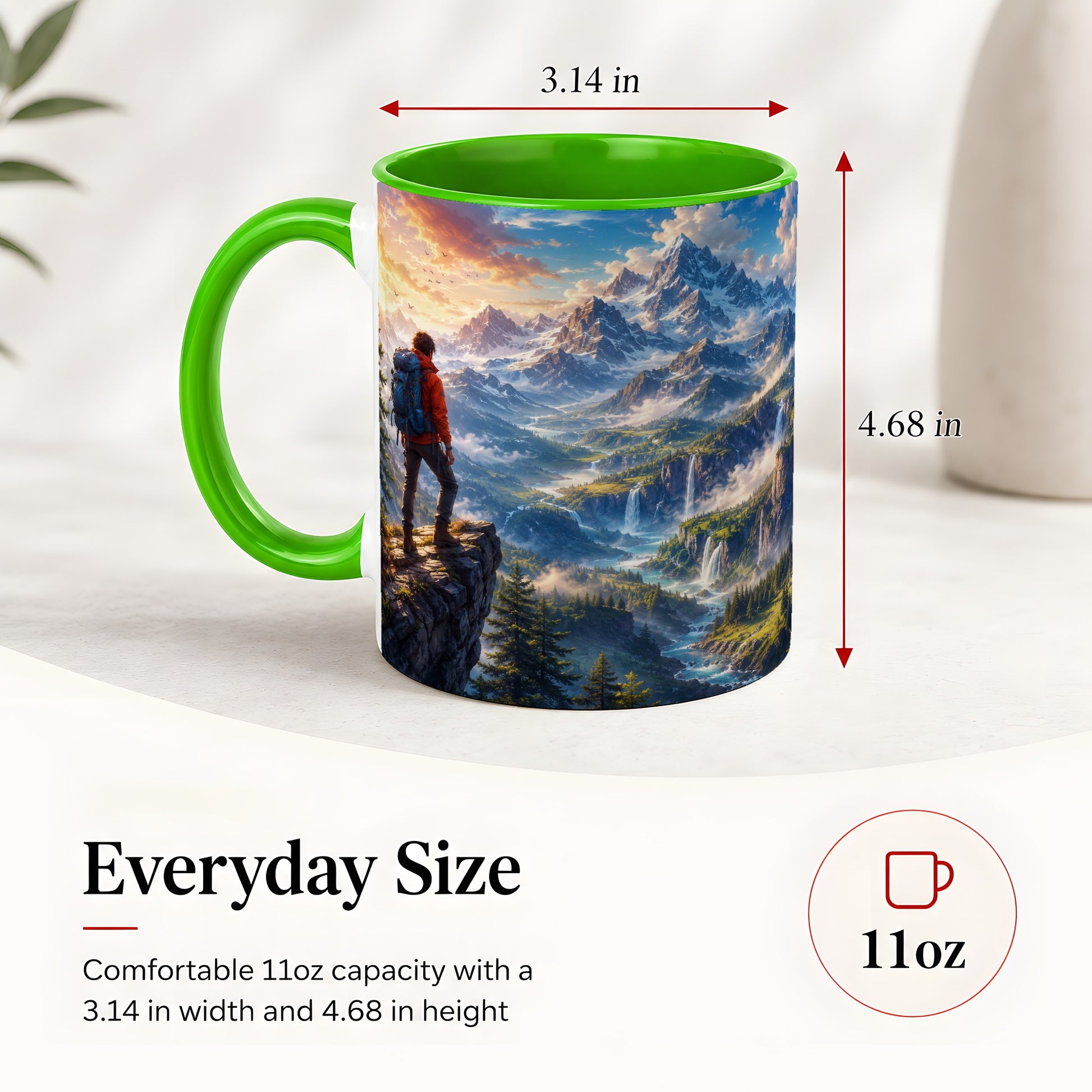 #pl[11oz|Green] Mountain Hiker Ceramic Mug, Alpine Peaks Waterfall Adventure