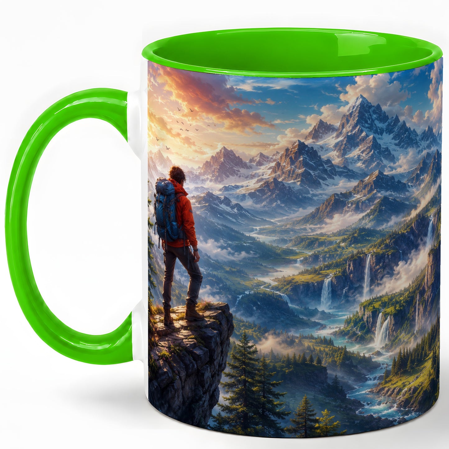 #pl[11oz|Green] Mountain Hiker Ceramic Mug, Alpine Peaks Waterfall Adventure