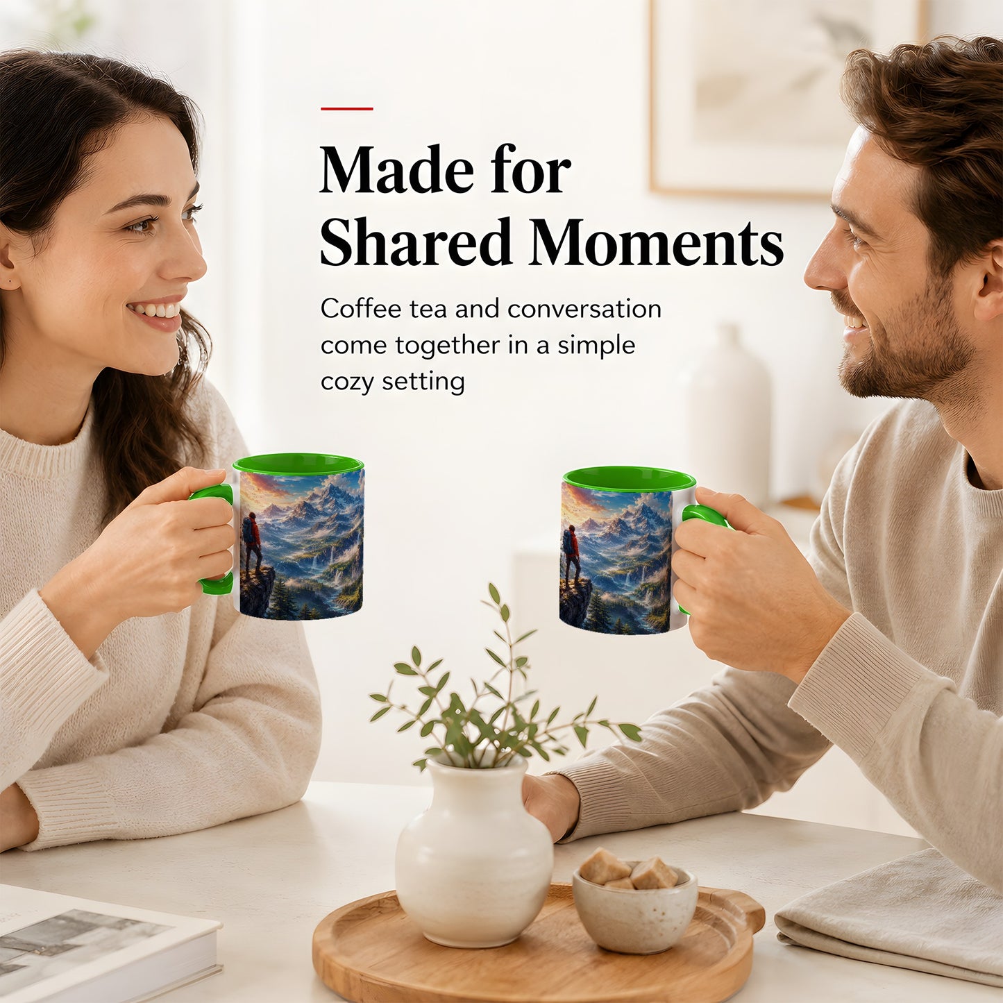 #pl[11oz|Green] Mountain Hiker Ceramic Mug, Alpine Peaks Waterfall Adventure