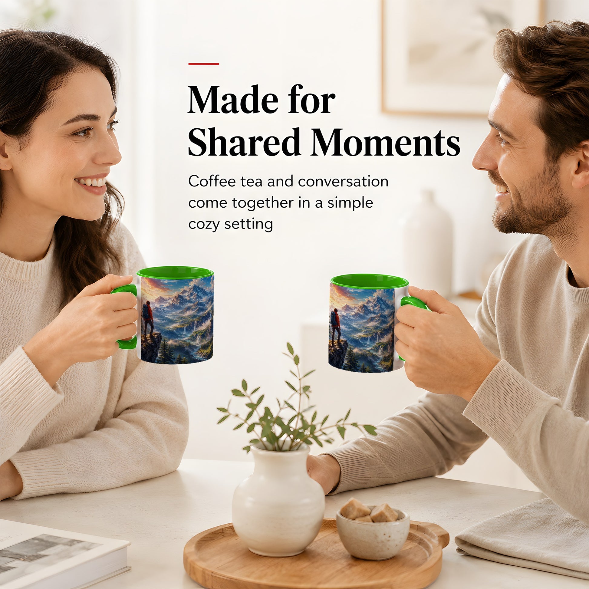#pl[11oz|Green] Mountain Hiker Ceramic Mug, Alpine Peaks Waterfall Adventure