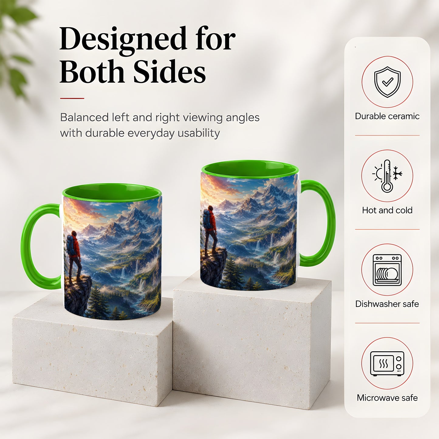#pl[11oz|Green] Mountain Hiker Ceramic Mug, Alpine Peaks Waterfall Adventure