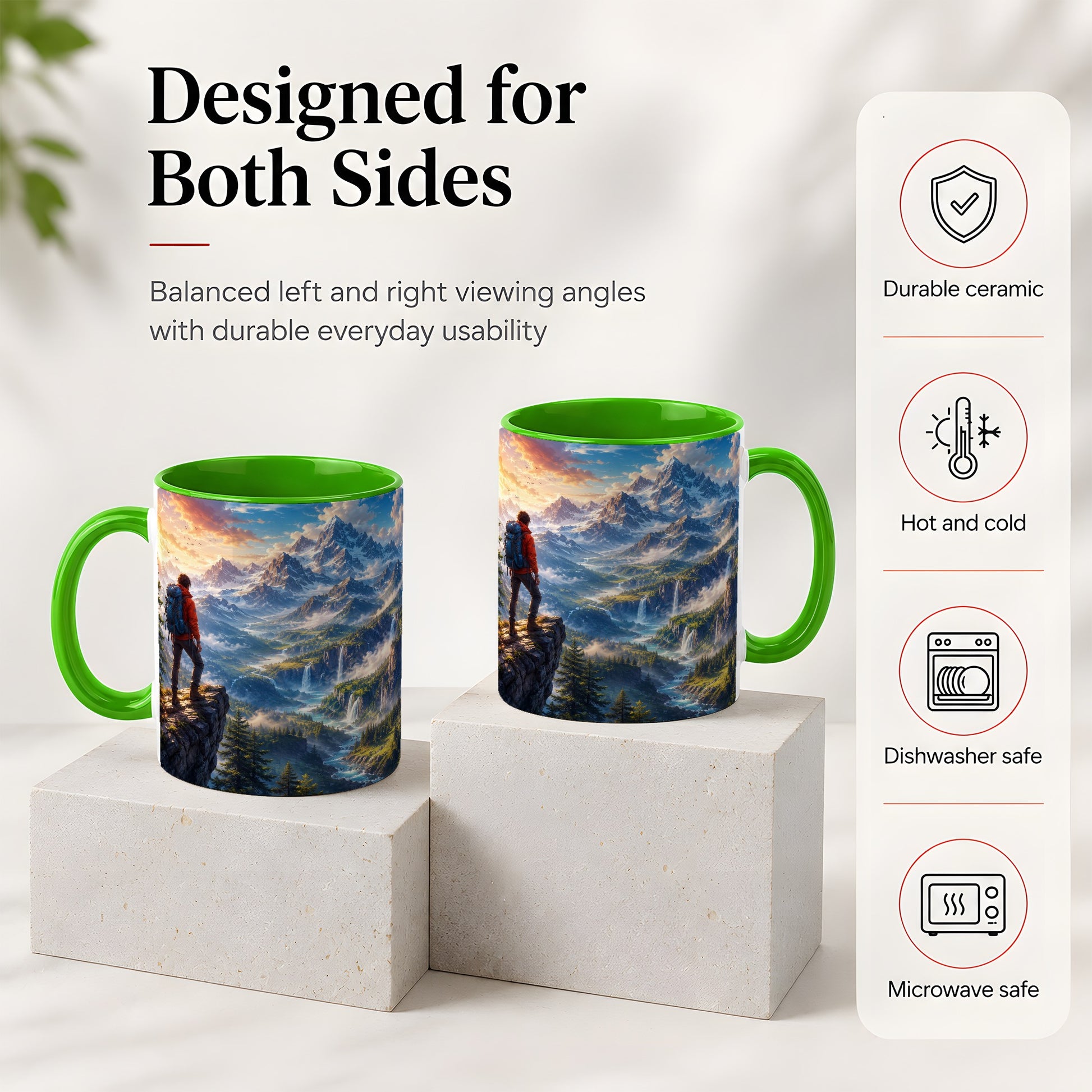 #pl[11oz|Green] Mountain Hiker Ceramic Mug, Alpine Peaks Waterfall Adventure