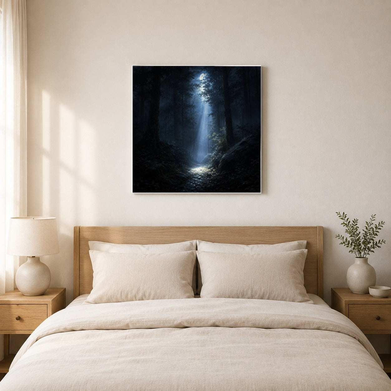#pl[17x17 Inch|Multicolor] Moonlit Forest Square Canvas Wall Art, Woodland Night Path