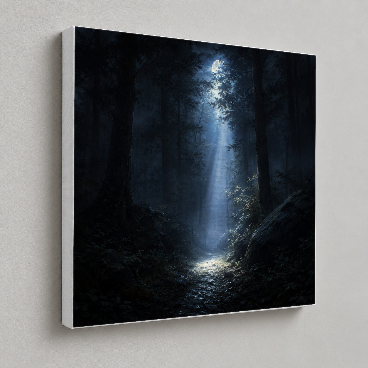 #pl[17x17 Inch|Multicolor] Moonlit Forest Square Canvas Wall Art, Woodland Night Path